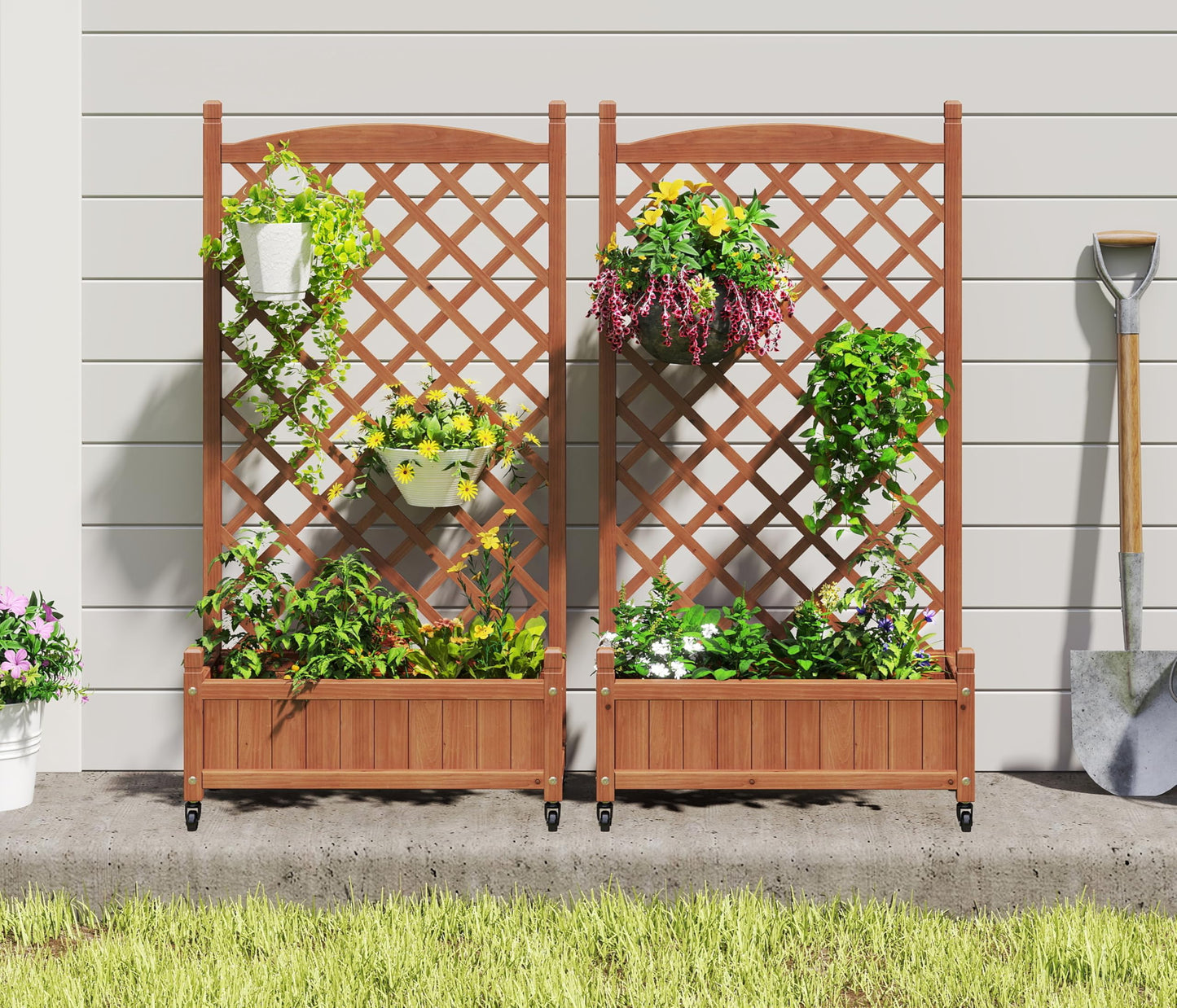 Wood-Natrl Raised Garden Bed with Trellies 2 Pack, Outdoor Wooden Planter Box & Plant Stand with Climbing Racks