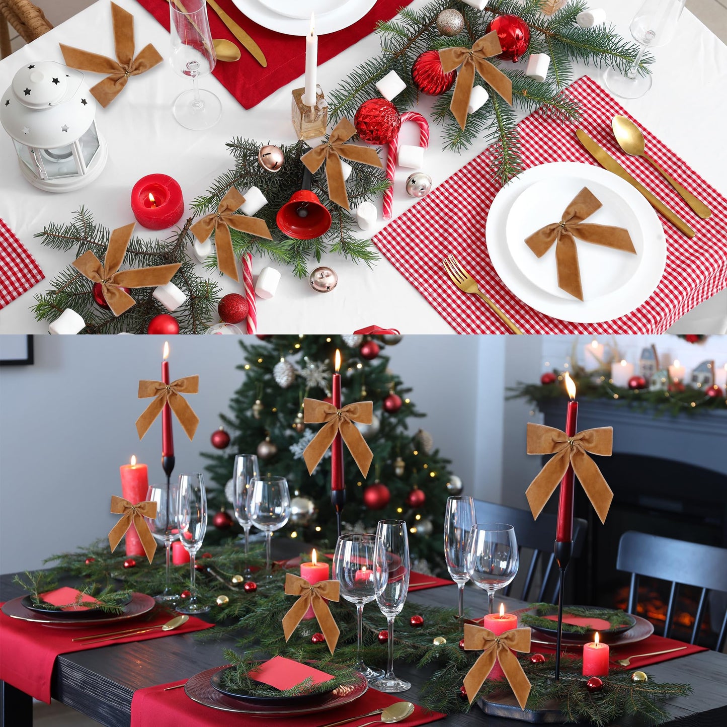 Sggvecsy 24 Pcs Christmas Bow Christmas Wreath Bows Velvet Ribbon Bows Xmas Tree Ornaments Gift Wrapping Xmas Decoration Handmade Crafts Gifts for Home Indoor Holiday Party (Camel)