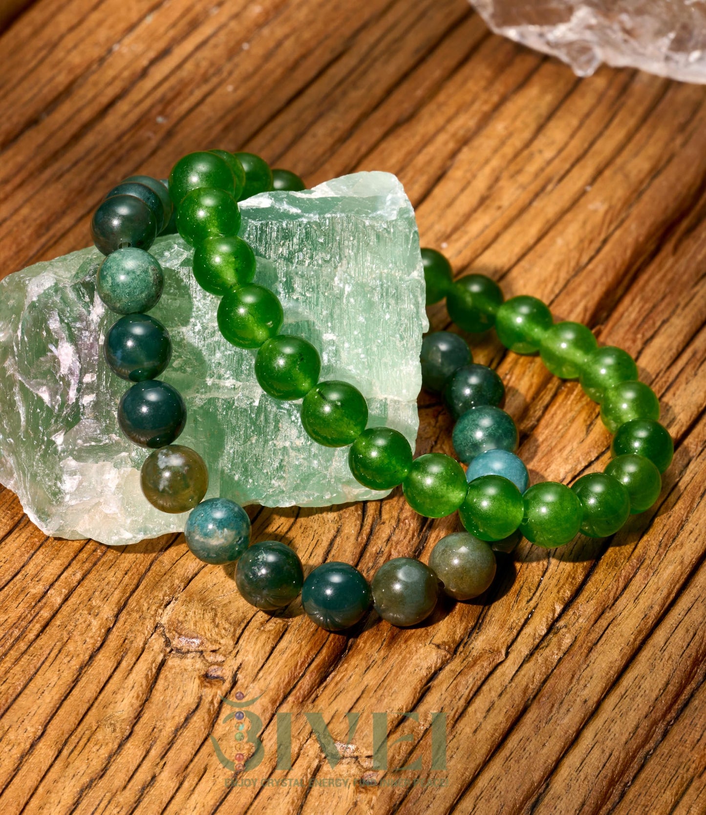 Bivei Natural Gemstone Semi Precious Crystals Handmade Stretchy Round Beads Bracelet, Enhance Positive Energy,Stocking Stuffers for Women(Moss Agate & Green Jade (Wisdom) Medium)
