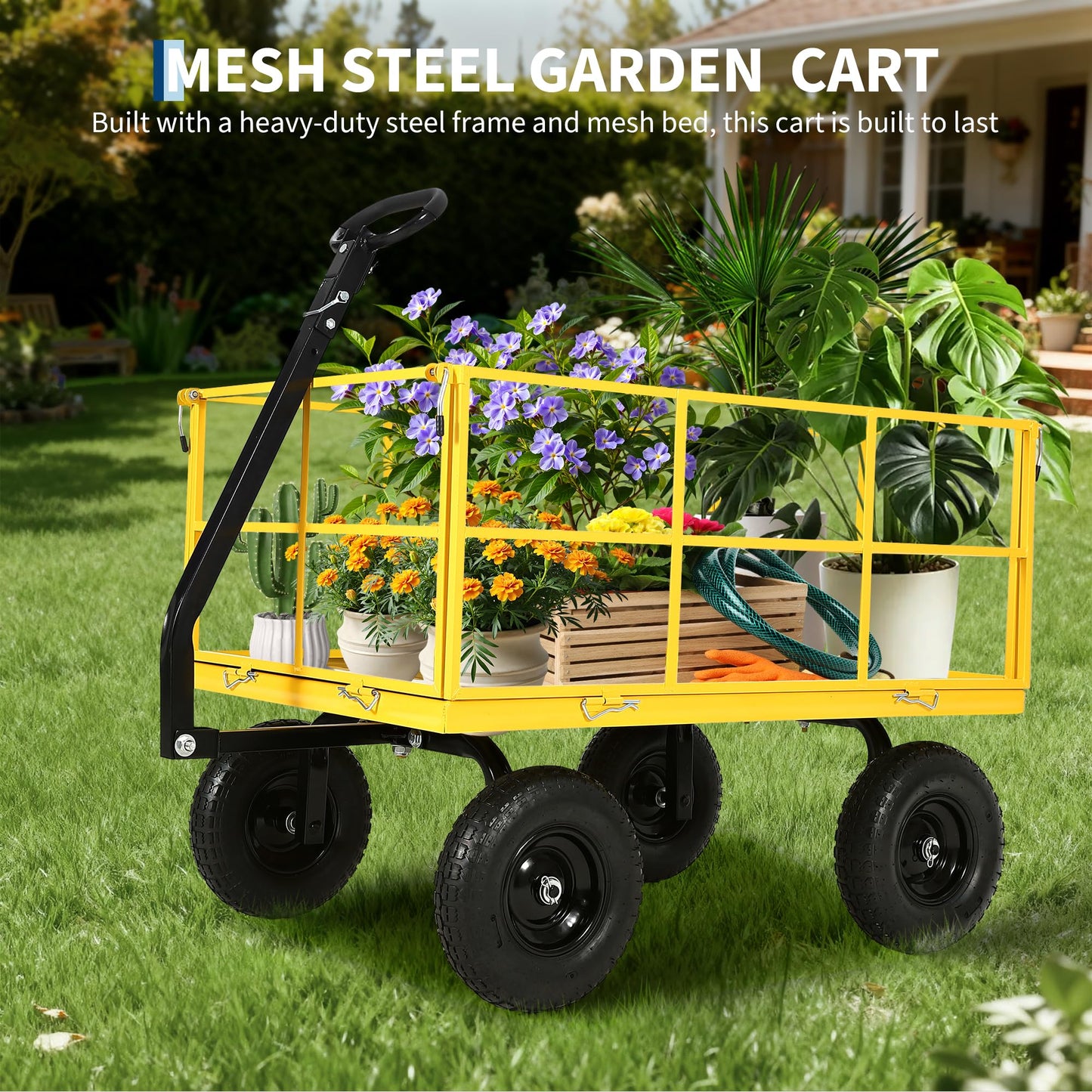 Heavy Duty 1500 Lbs Capacity Mesh Steel Garden Cart Folding Utility Wagon with Removable Sides, Garden Cart on Wheels for Gardening Soil, Tools, and Plant Transport