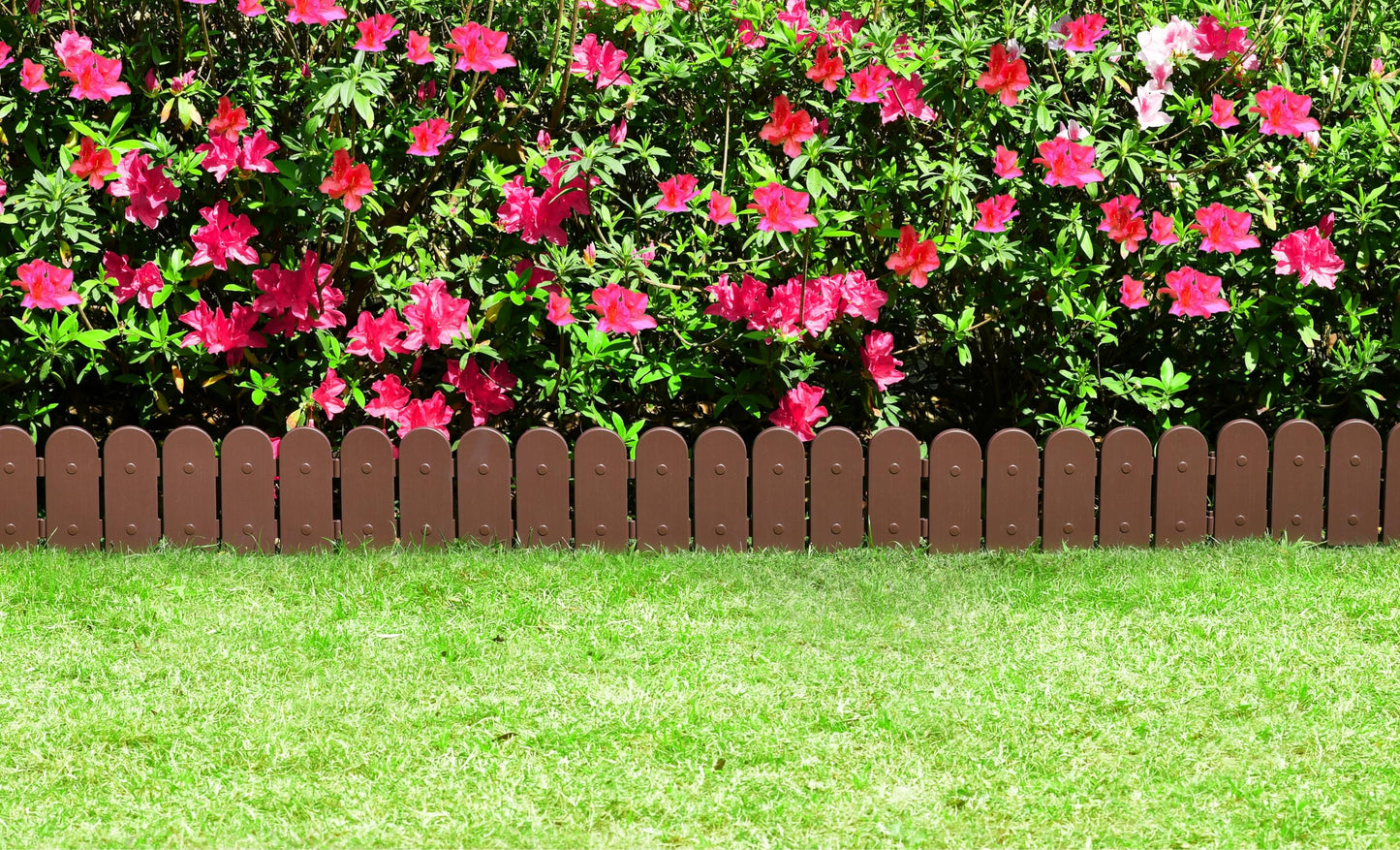 Evelyne Garden Border Plastic Edging: Wooden Fence Design - 8pcs Brown Yard Landscaping Fence Liner Lawn Edge Barrier - 10ft Kit of Decorative Lawn Panels Elements -Landscaping Edging-GMT-10374-A08