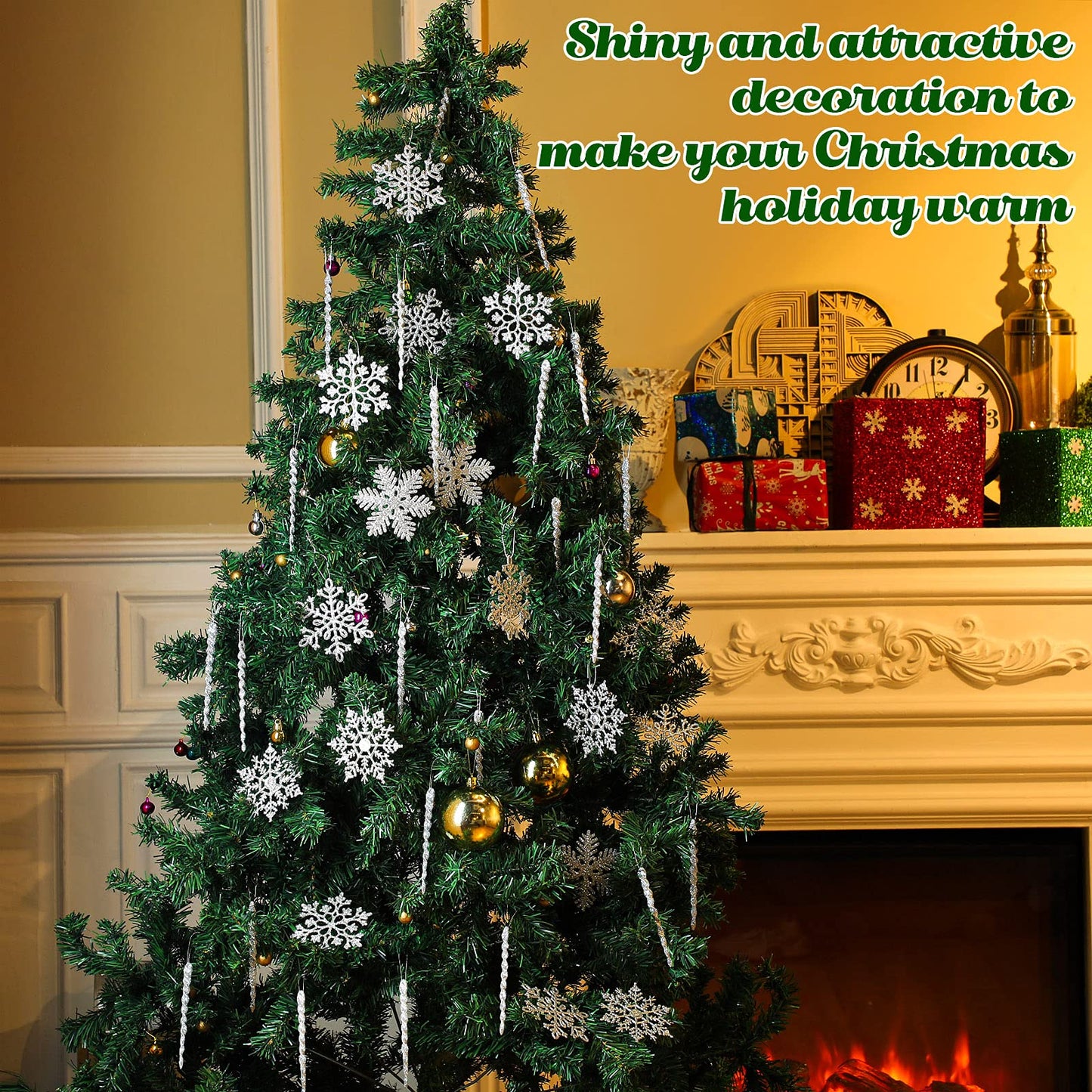 Skylety 48 Pieces Christmas Icicle Ornaments for Tree Glitter Snowflake Hanging Decorations with Aluminum Spiral Strip Hangings for Window Door Home Wedding Winter Snow Party(Silver)