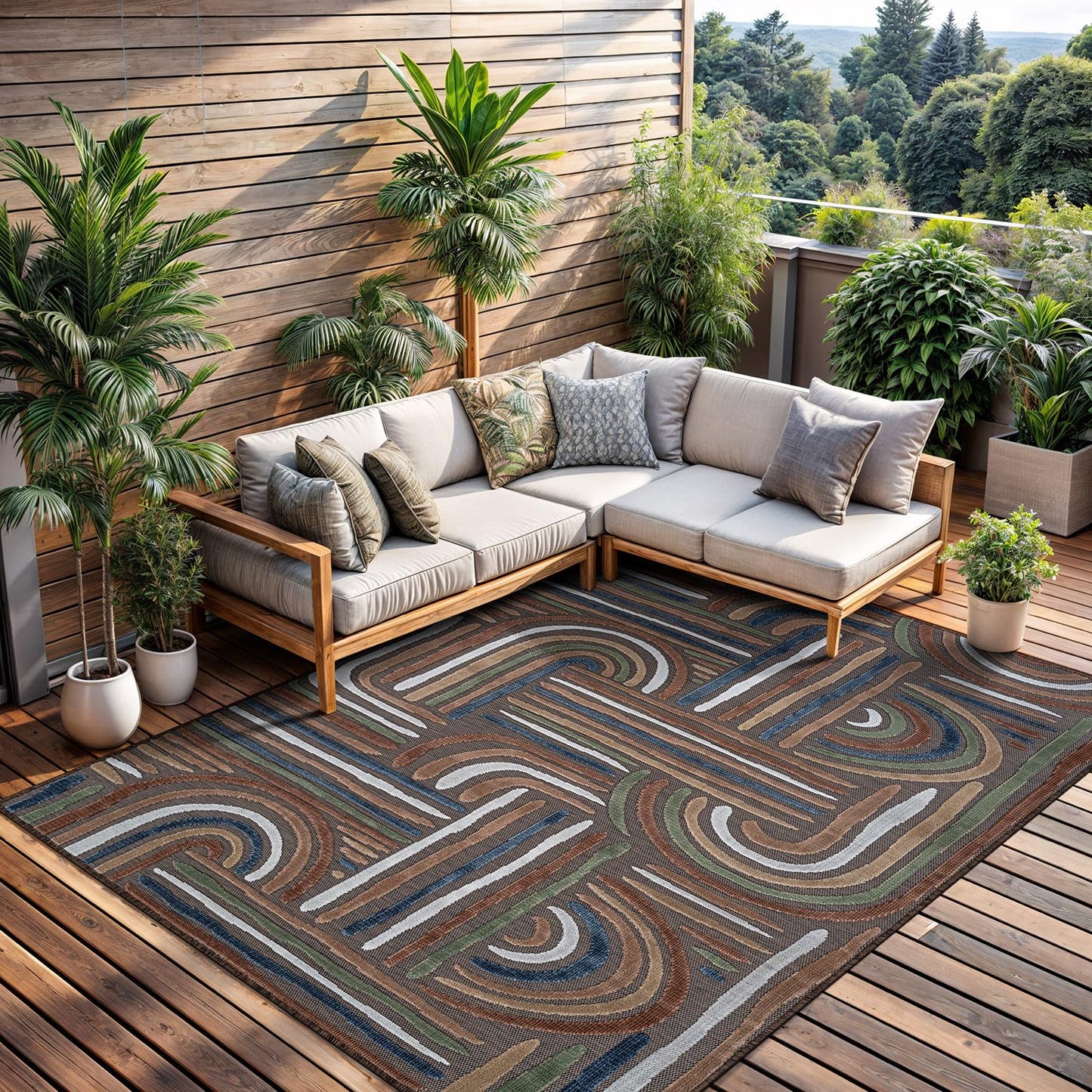 CAMILSON Indoor Outdoor Rug, Brown 5x7 Geometric Arch Striped Area Rugs for Patio and Home Areas, Easy-Cleaning Non-Shedding Living Room, Garden and Deck Washable Outside Carpet (5 x 7)