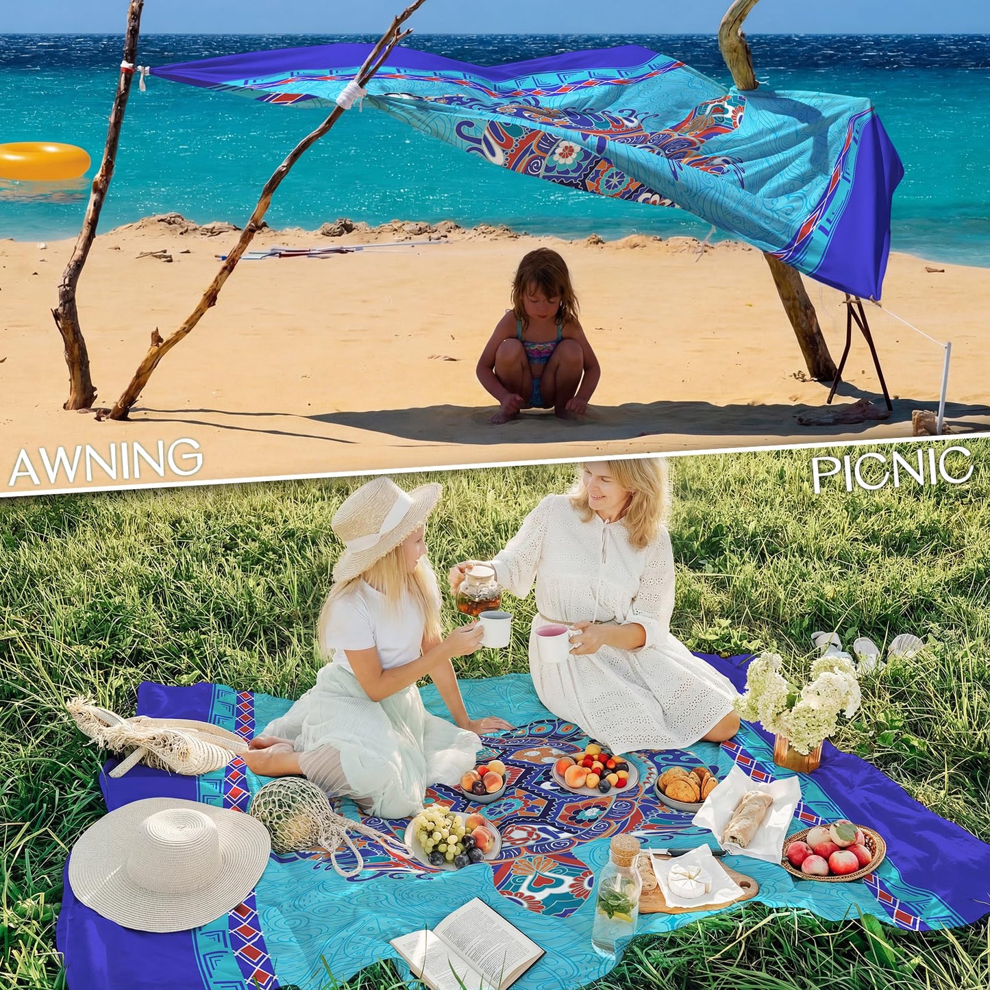 BYDOLL Beach Blanket Waterproof Sandproof Sea Turtle 78''×81'' 1-5 Adults Oversized Lightweight Large Picnic Mat Waterproof Sandproof Blanket for Beach Camping Hiking Travel