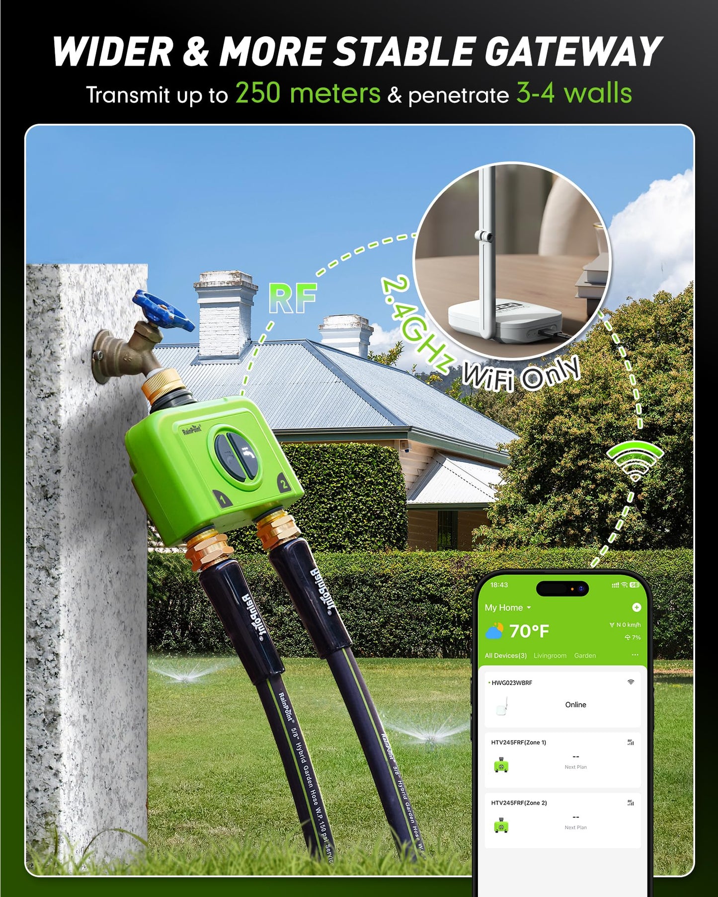 RAINPOINT WiFi Water Timer for Garden Hose, 2 Zone WiFi Sprinkler Controller, Smart Hose Timer Valve, Automatic Drip Irrigation System/Rain Delay for Garden/Lawn (Brass Inlet & Outlet, WiFi Gateway)