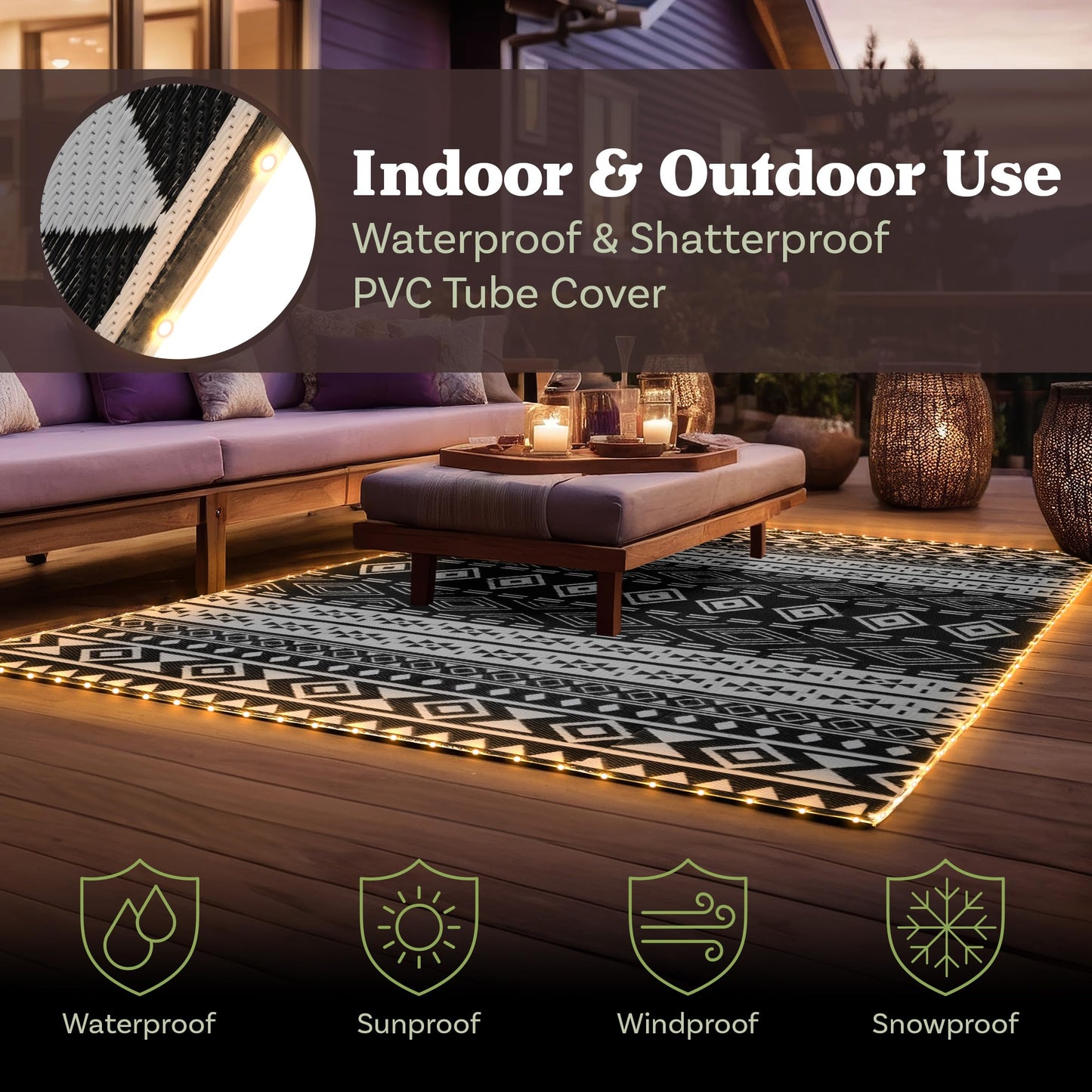 Pure Garden Outdoor Patio Rug with LED Lights - 8x10 Outdoor Rug - Plastic Straw Patio Mat Outdoor Waterproof Carpet - RV or Porch Decor (Gray)