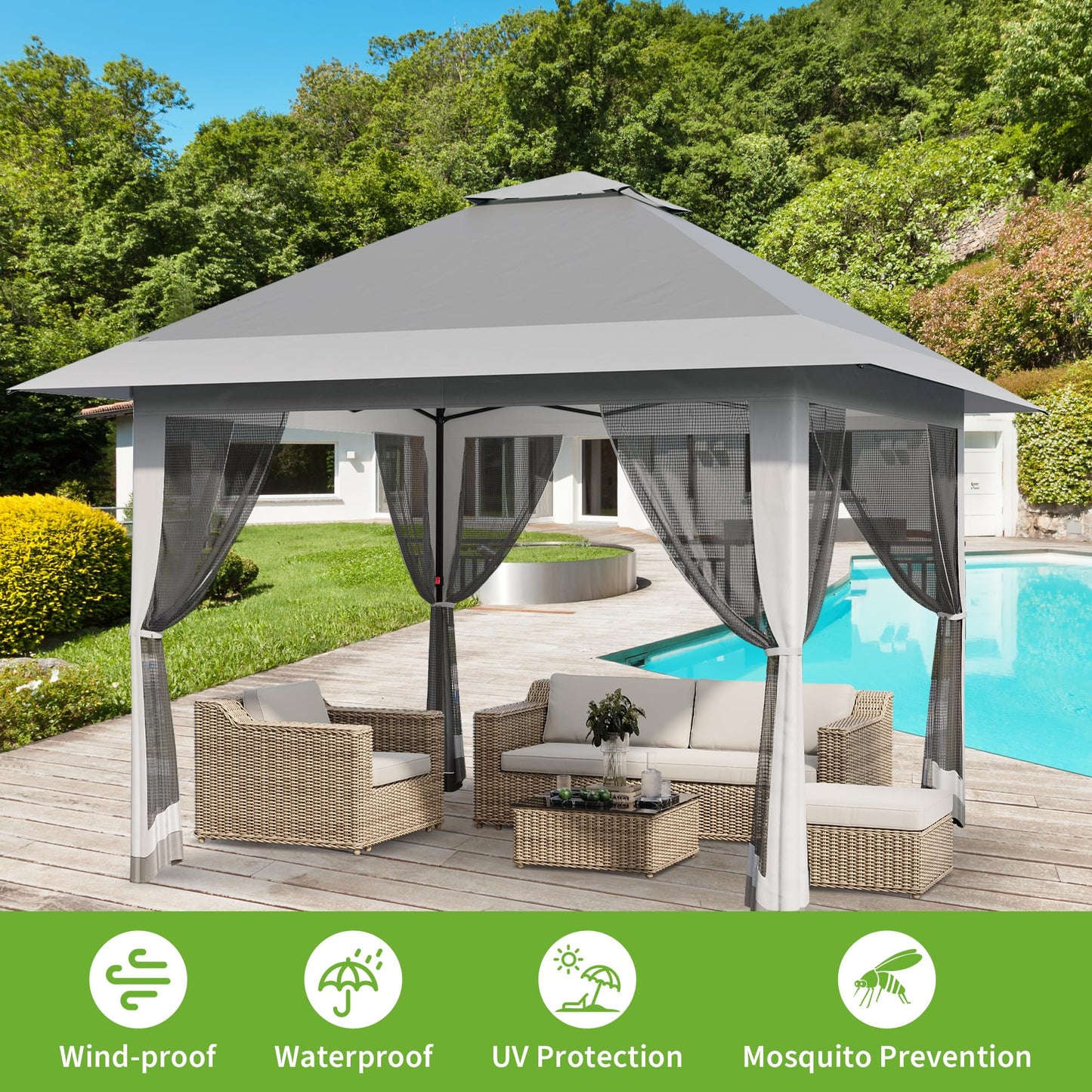 13x13 ft Pop Up Canopy Tent, One-Push Setup Gazebo with Mosquito Netting, 4 Sandbags, Height Adjustable, Waterproof UV Protection for Backyard Parties, BBQs, Camping