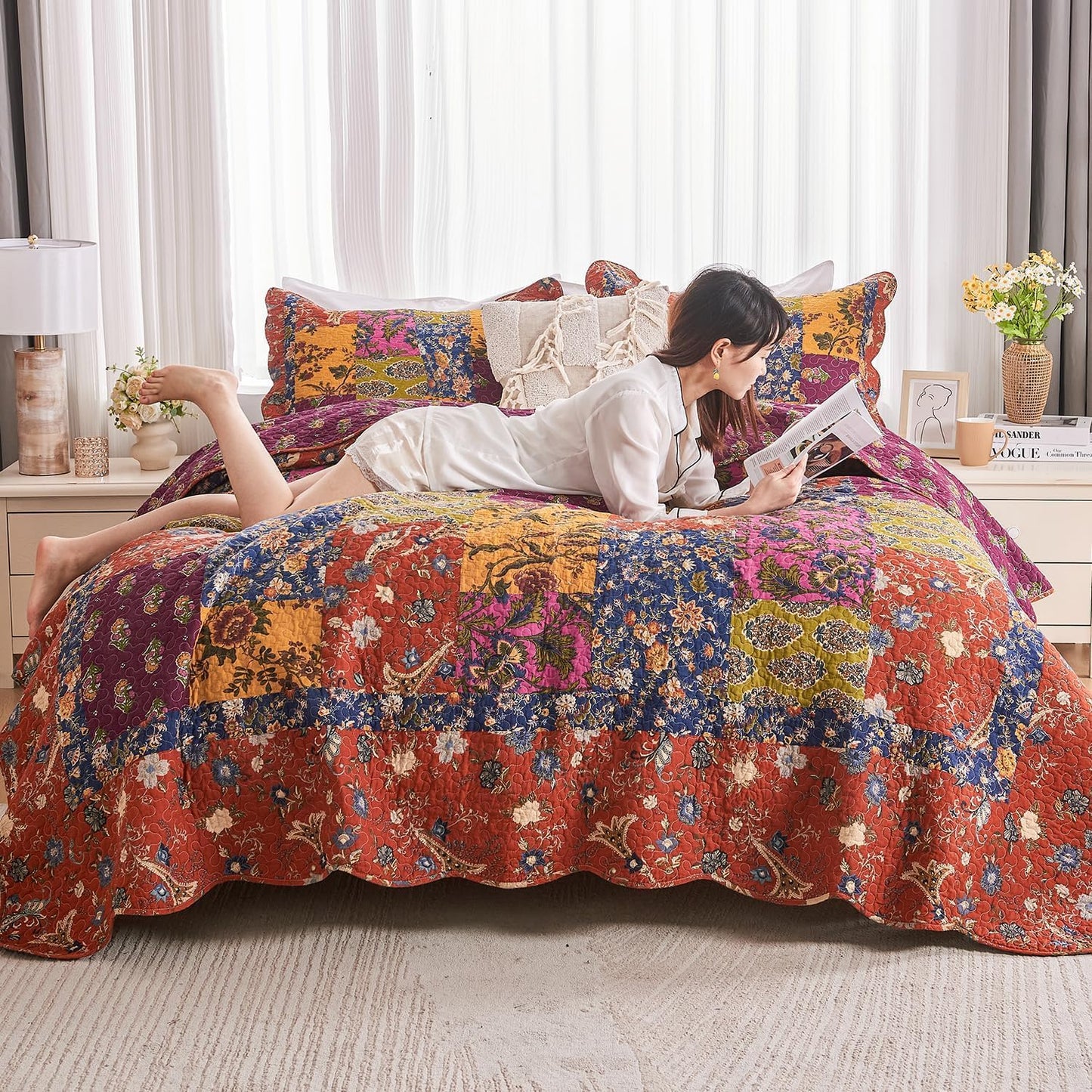 DECMAY 100% Cotton Quilt Queen Size, 3 Pieces Patchwork Bedspreads Queen Quilt Bedding Set, Lightweight Farmhouse Reversible Coverlet Comforter Set with 2 Pillowcases for All Seasons, Orange