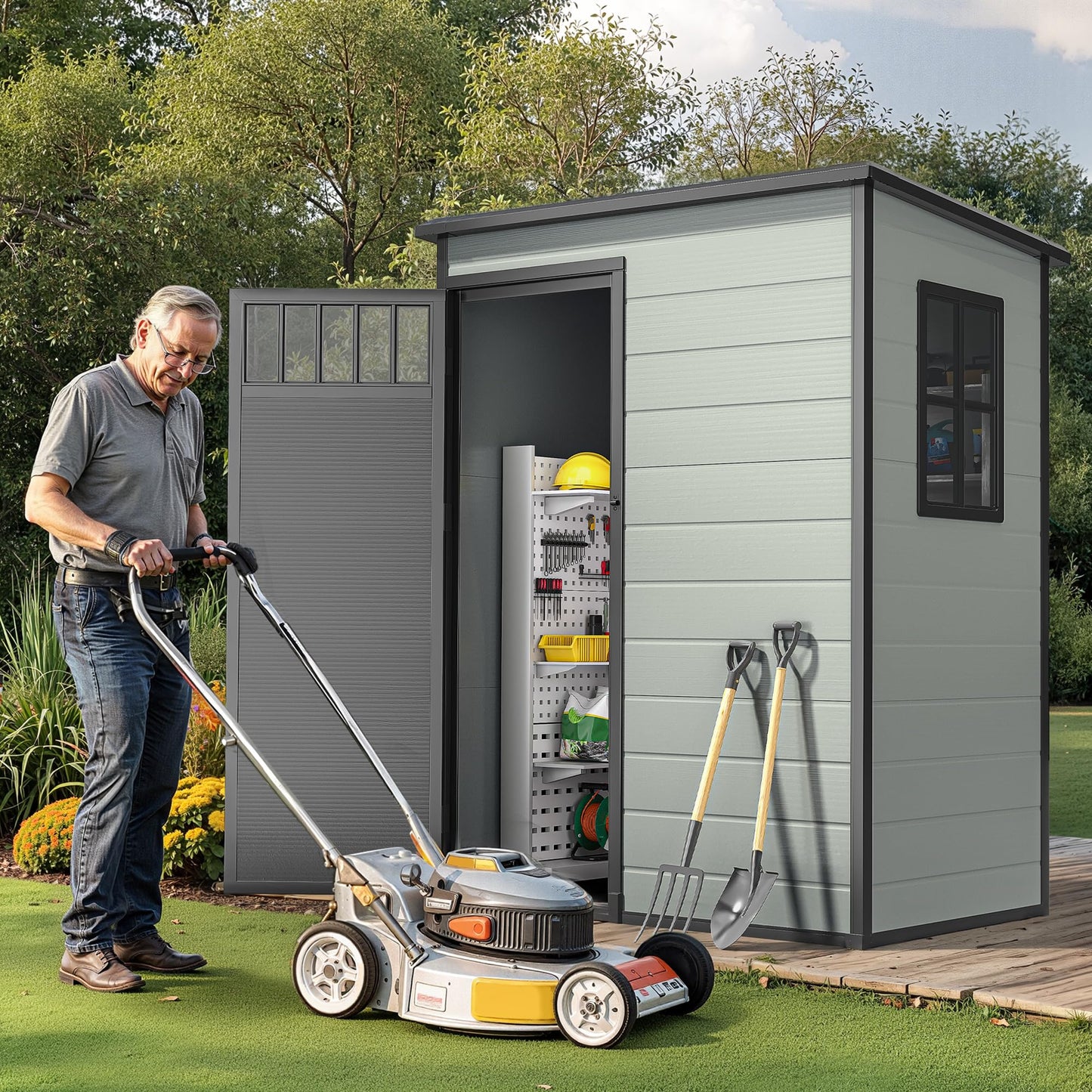 DWVO 5x3FT Outdoor Storage Shed with Fence-Style and Side Windows, Floor & Lockable Doors, Plastic Storage Shed, Storage Shed for Backyard and Garden, Blue-Gray