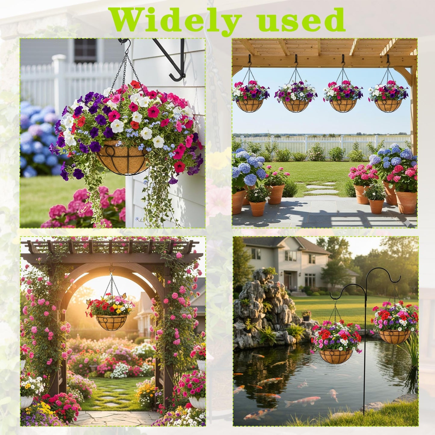 JFFLYIT 4 Pack 14" Round Metal Hanging Basket for Outdoor Plants Durable Large Hanging Planter with Coco Coir Round Plant Holders Planter for Outside Garden Decoration (Circular)