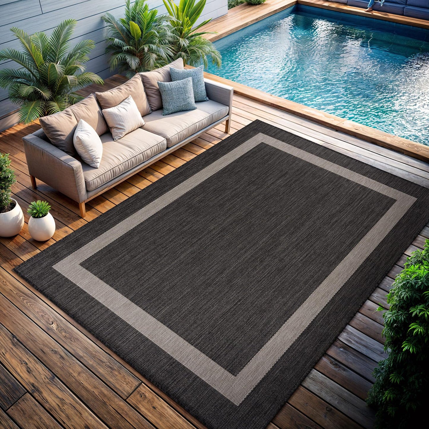 CAMILSON Outdoor Rug 10x14, Large Modern Outside Rugs for Patios Porches Waterproof Durable Washable Non-Shedding, Easy-to-Clean Indoor Outdoor Area Carpet (10 x 14, Bordered - Dark Gray/Light Gray)