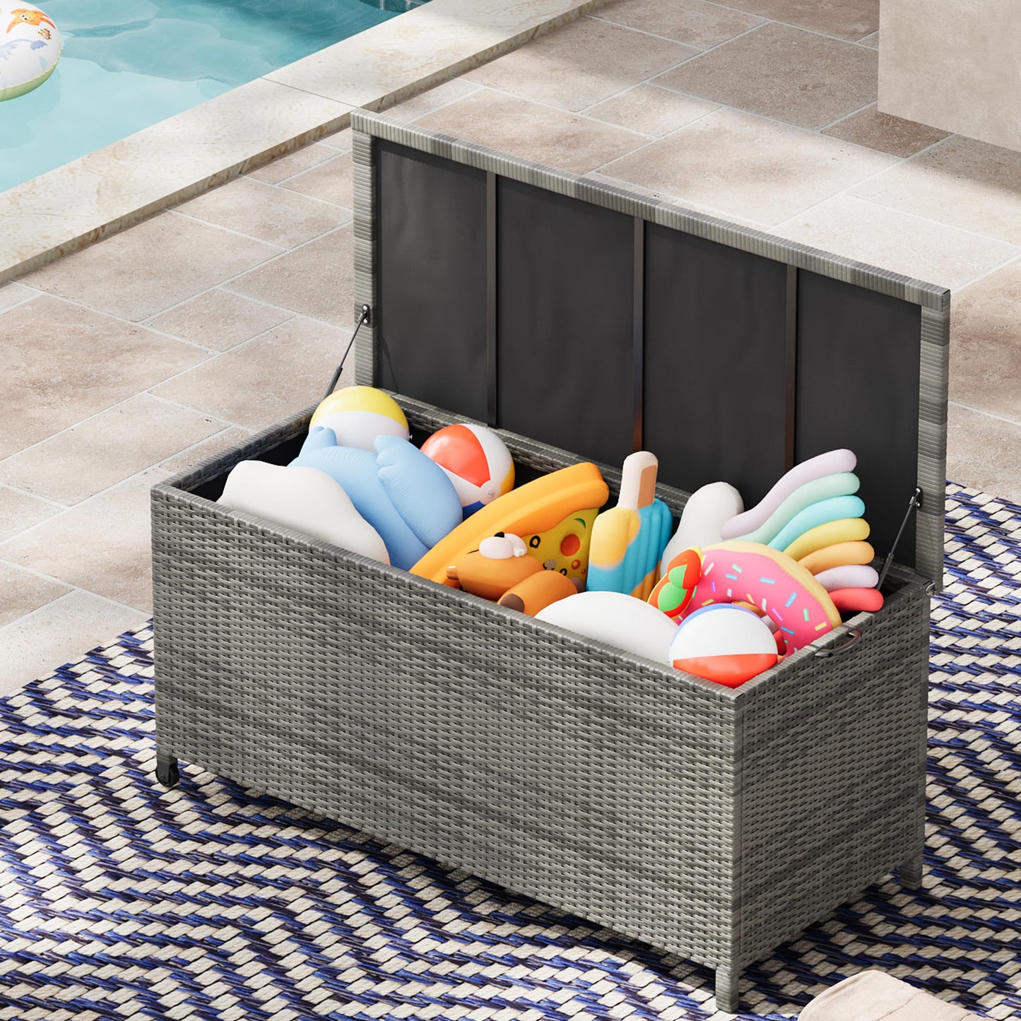 125 Gallon Large Deck Box Waterproof PE Rattan Outdoor Storage Box with Handles and Wheels, Storage Bin for Garden, Balcony, Porch, Pool, Yard
