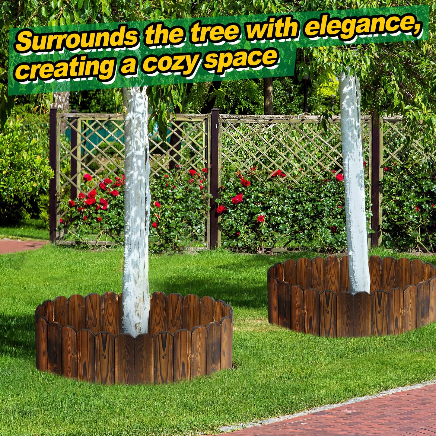 Rustic Pine Wood Garden Fence - 13.2ft Total Length (2pcs 6.6ft L*12in H) Easy to Install Sturdy Wooden Landscape Edging Border, No Fading Planter Fencing for Yard Flower Bed Lawns Pathway Tree