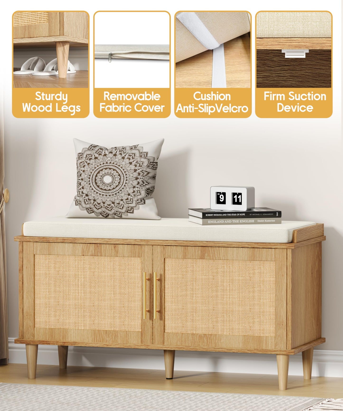Akxomel Rattan Shoe Storage Bench with Cushion, 2-Tier Entryway Bench with Adjustable Shelves and 2 Doors, 15" D x 39.4" W x 20" H, Solid Wood Legs, for Hallway, Living Room, Bedroom, Natural Oak