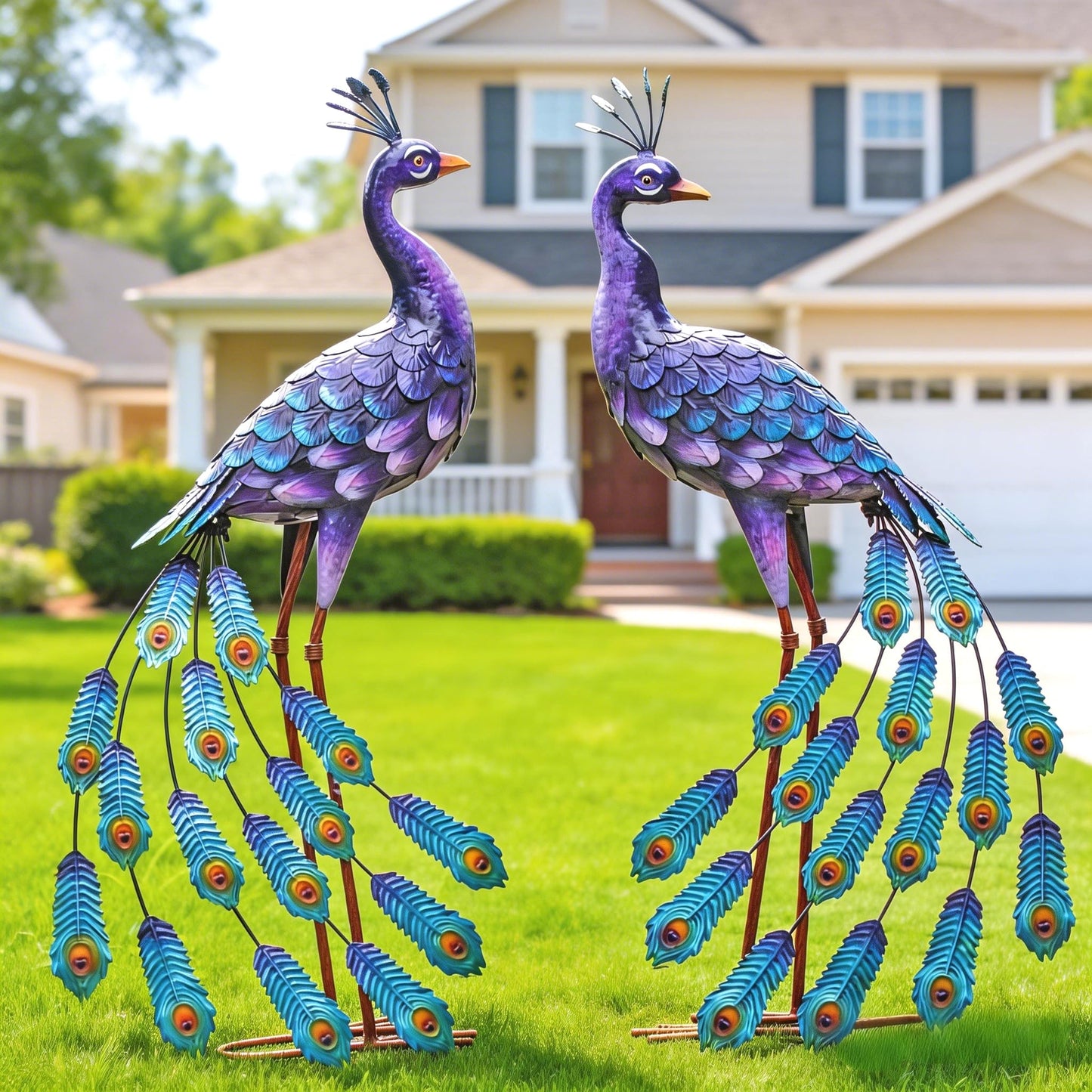Kircust Purples Peacock Garden Statue and Sculpture, Metal Peacocks Yard Art Lawn Decor, Large Birds Garden Sculptures & Statues for Patio Backyard Pond Home Decoration