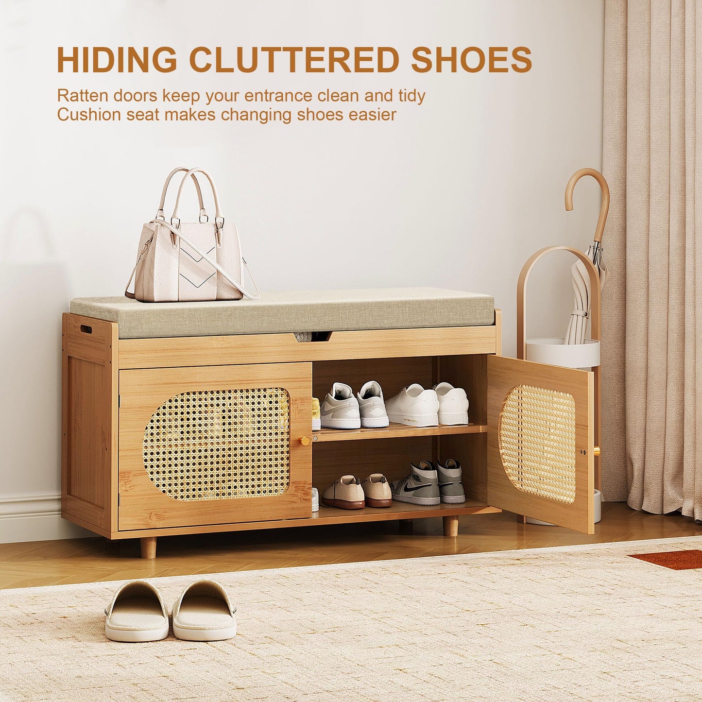PETKABOO Rattan Shoe Storage Bench, 35.4" Bamboo Entryway Bench, 2-Tier Shoe Rack with 2 Doors & Padded Seat Cushion for Entryway, Living Room, Bedroom
