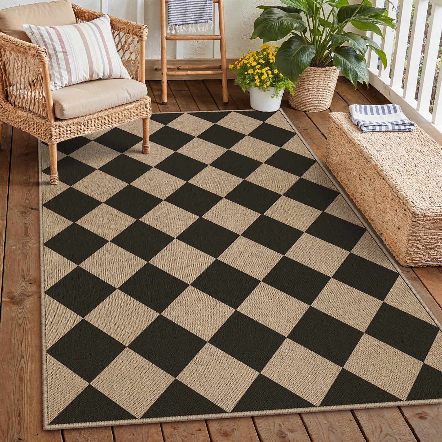 PureCozy 4x6 Checkered Easy Jute Area Rug for Living Room Checkerboard Washable Indoor Outdoor Carpet Farmhouse Patio Office Mat Geometric Non Slip Black Carpet for Dorm Backyard Dining Room