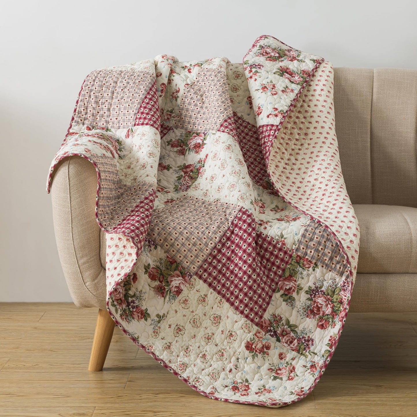 SLPR Cotton Quilted Throw Blanket, 50" x 60" Floral Farmhouse Patchwork Quilt, Shabby Chic Patchwork Throw Lap Quilt for Couch, Country Roses