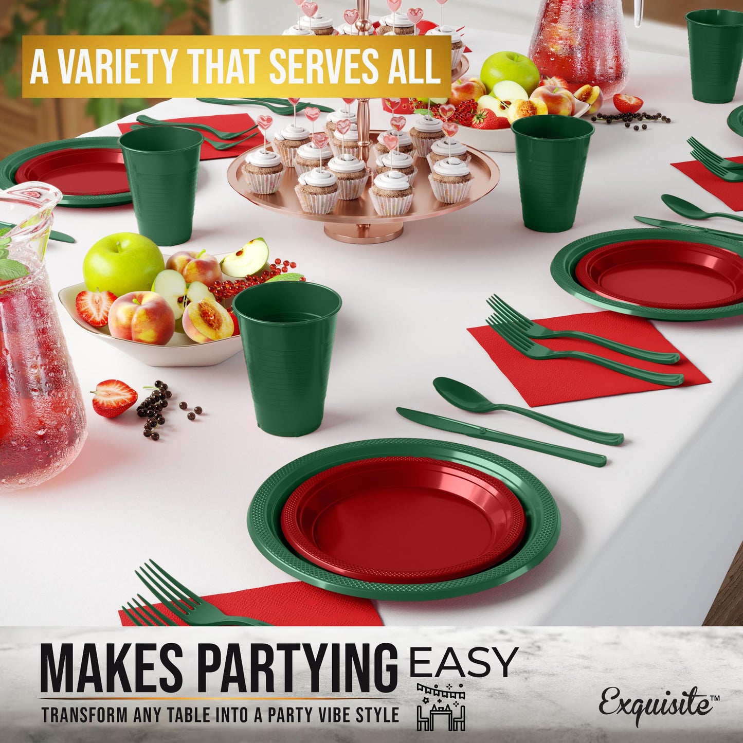 350 Pcs Christmas Plastic Plates For Party, Red & Green Disposable Plates Set, 50 Of Each 9" Dinner Plate Set, 7" Dessert Plate, Cups, Napkins & Cutlery Plastic Dinnerware Exquisite