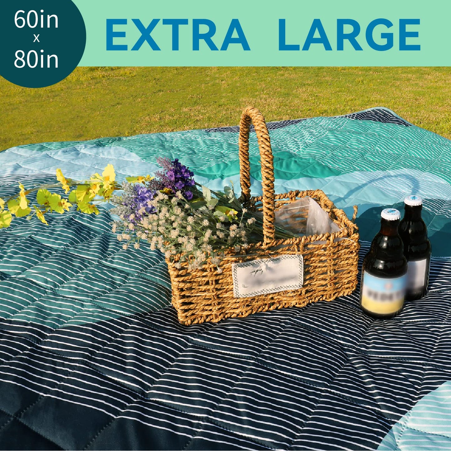 Whale Flotilla Extra Large Waterproof Picnic Blankets 60"x80", Foldable Lightweight Outdoor Blanket for Camping, Hiking, Traveling, Soft Portable Easy to Clean Picnic Mat for Beach Grass Park, Green