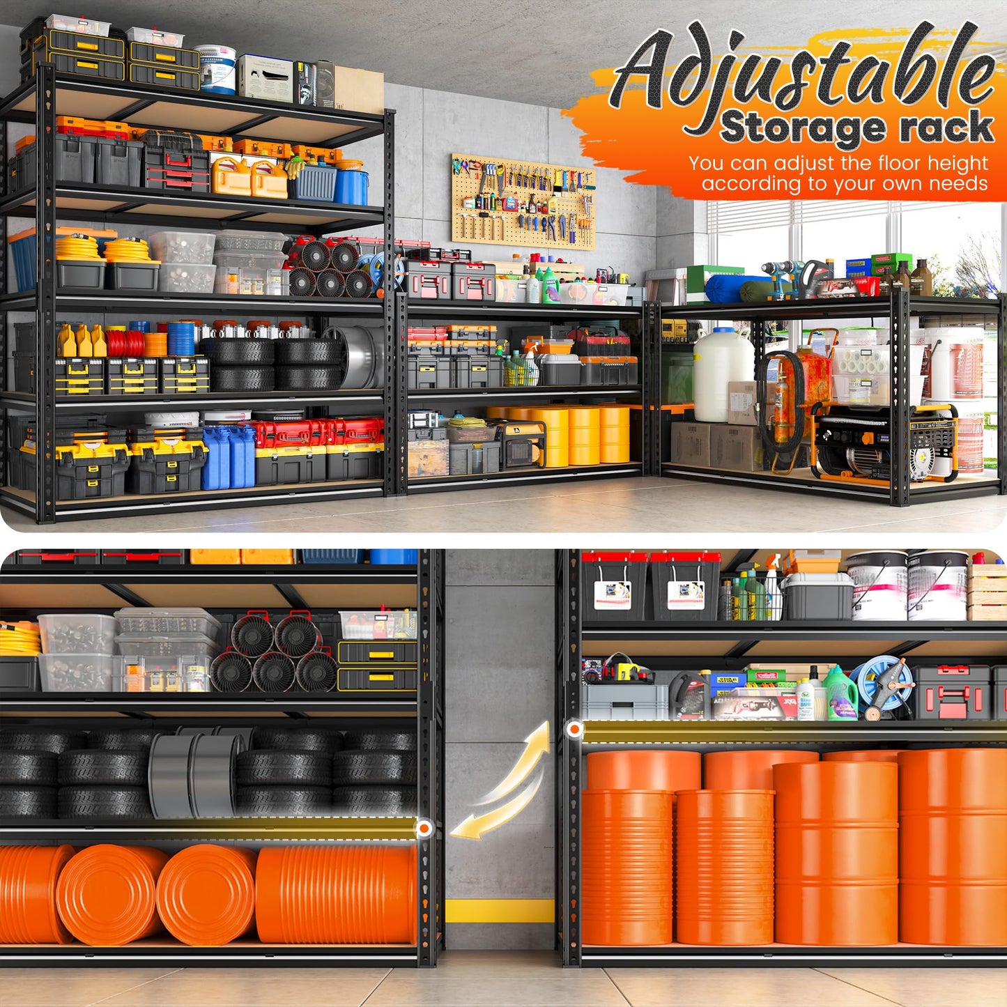 REIBII 48" W Garage Shelving 3080LBS Storage Shelves 5 Tier Industrial Shelving Adjustable Metal Storage Shelves for Garage, Basement, Warehouse, Commercial, Easy Assemble, 48" W x 72" H x 24" D