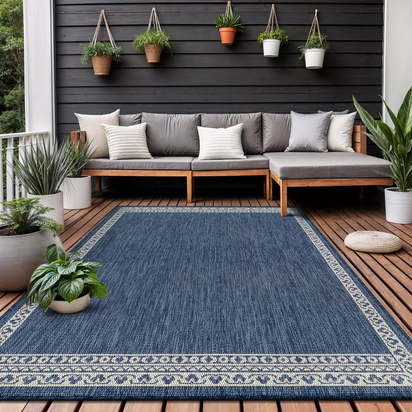 Washable Outdoor Rug 6x9 Modern Area Rugs Outdoor Carpets Bordered Pattern Non Shedding Waterproof Easy Clean Patio Deck Porch Living Room Bedroom Garden RV (6 X 9 Blue)