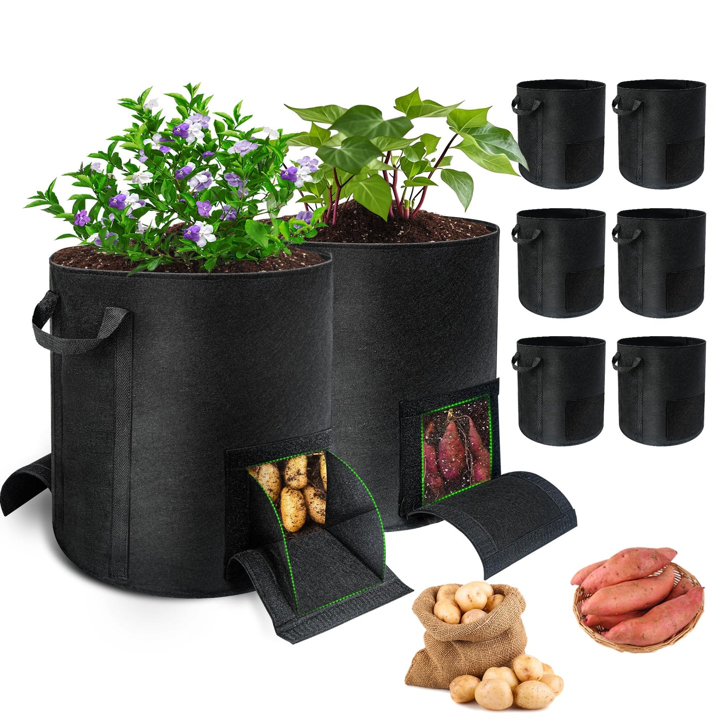 8 Pcs 15 Gallon Potato Grow Bags with Harvest & Visible Windows, Thickened Nonwoven Fabric Potato Planter,Potato Growing Containers with Sturdy Handles, Potato Bags for Growing Potatoes Vegetables