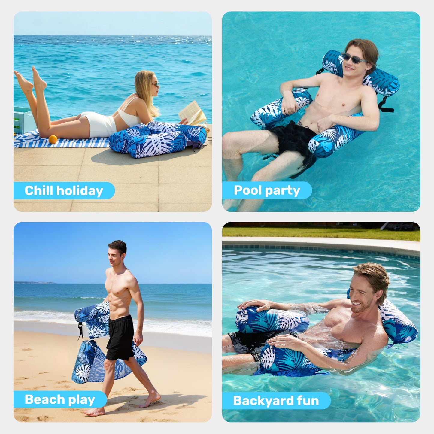 SLOOSH Pool Floats Chairs Adult,Inflatable Pool Lounge,Plant Pattern Floating Mat Hammock,Blow up Water Chairs Noodles rafts for Party Summer Water Beach Fun,Blue Leaves