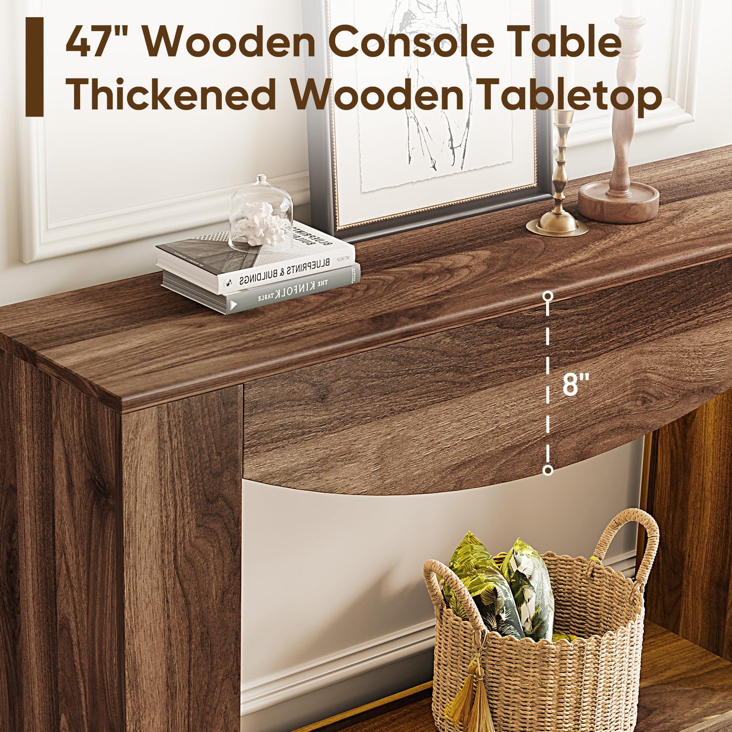 knoworld Farmhouse Console Table, 47 Inches Entryway Console Table with LED Light, Sofa Table Behind Couch, Wooden Accent Entryway Table for Living Room, Hallway