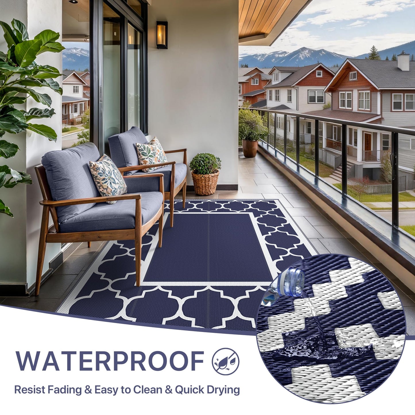 GENIMO 5' x 8' Outdoor Rug Waterproof for Patio Decor, Foldable Reversible Plastic Straw Area Rugs Mat for Camper, Outside Carpet for Rv, Deck, Porch, Picnic, Beach, Balcony, Blue & White