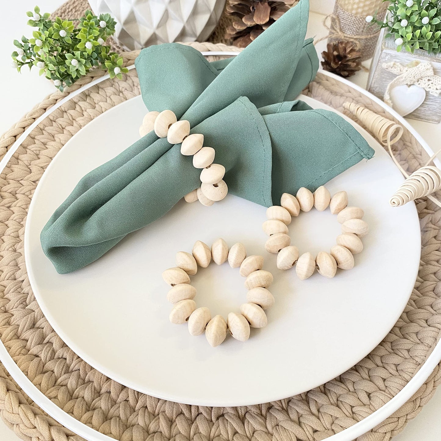 Napkin Rings Set of 6 - Wooden Beads Napkin Rings | Rustic Wooden Napkin Ring Holder for Table Decoration - Handmade LEBEJUA Napkin Ring with Wood Beads & Jute Twine - Farmhouse Holder for Napkins