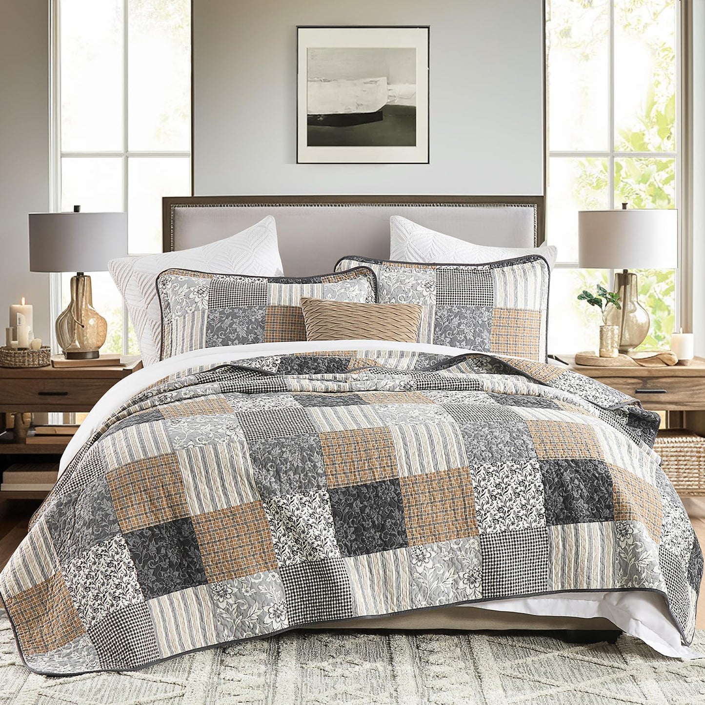 PANGUSHAN 100% Cotton King Quilt Bedding Set, Quilt King Size, Floral Patchwork Quilted Bedspread, Lightweight Comforter King Bed Spread for All Season, 3pcs, Brown/Gray