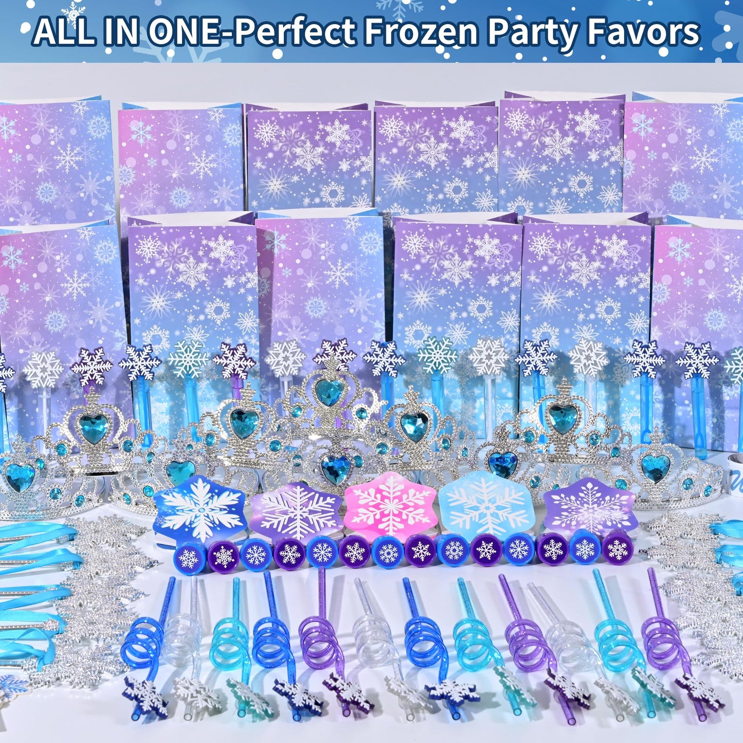 Fumogym 234PCS Frozen Party Favors Supplies Decorations Kit Include Goodies Bags, Straws, Bubble Wands, Crowns, Magic Wands, Notebook, Cake Toppers & More