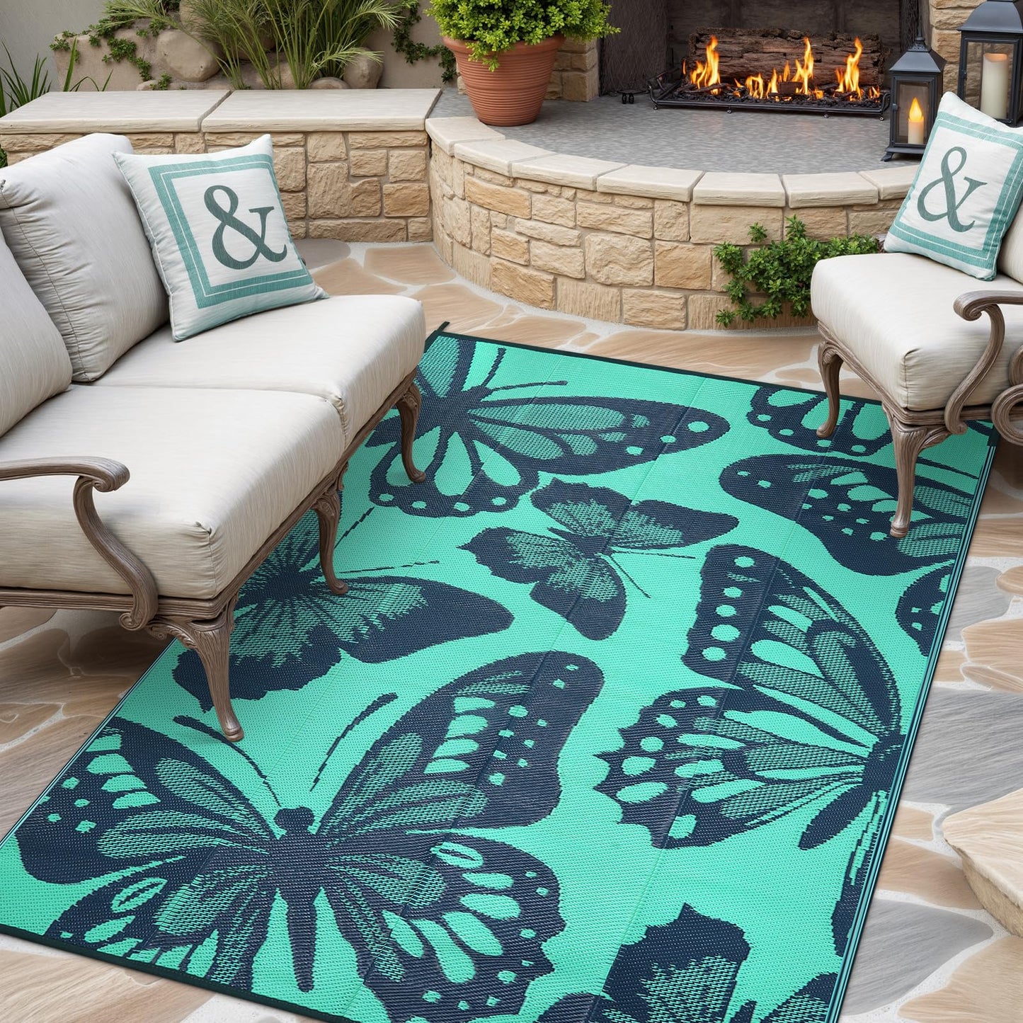 Uphome Outdoor Rug Waterproof 6x9 ft, Patio Plastic Straw Rugs for RV Camping, Reversible Butterfly Mat Outside, Indoor Outdoor Floor Carpet for Back Yard Deck Balcony Porch Beach Picnic, Teal