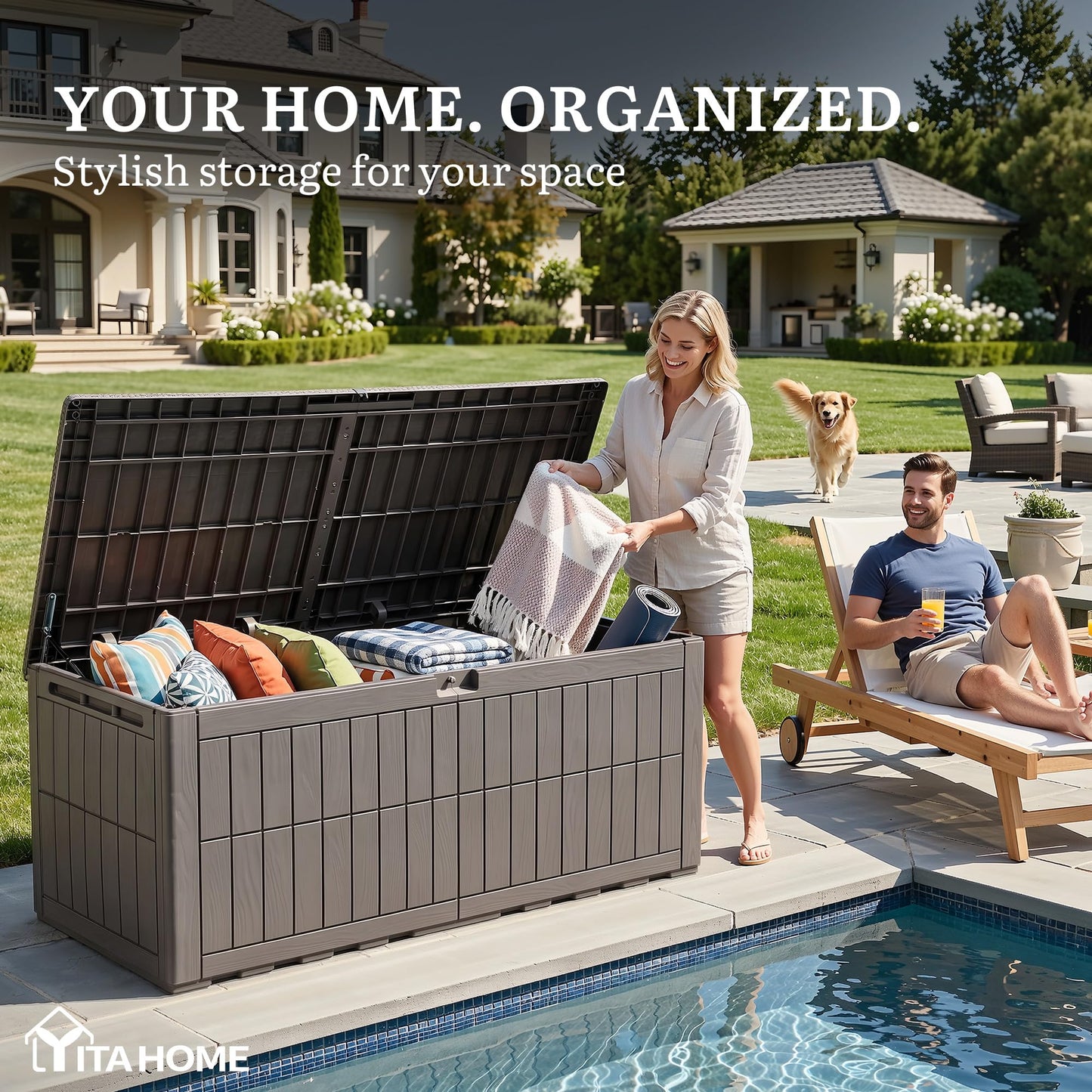 YITAHOME XL 200 Gallon Large Deck Box, Waterproof Resin Outdoor Storage Box with Lock and 3-Person Bench Seating for Patio Furniture Cushions,Garden Tools & Pool Accessories, Light Brown