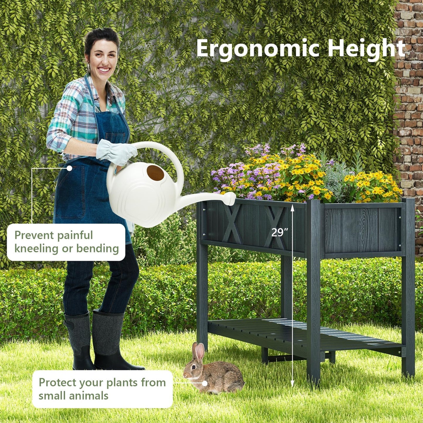 Giantex HIPS Raised Garden Bed, Elevated Planter Box w/Legs, Storage Shelf, Drainage Holes, Weather-Proof Standing Raised Beds for Backyard Balcony Flower Herb (Black, 44" x 18" x 29")