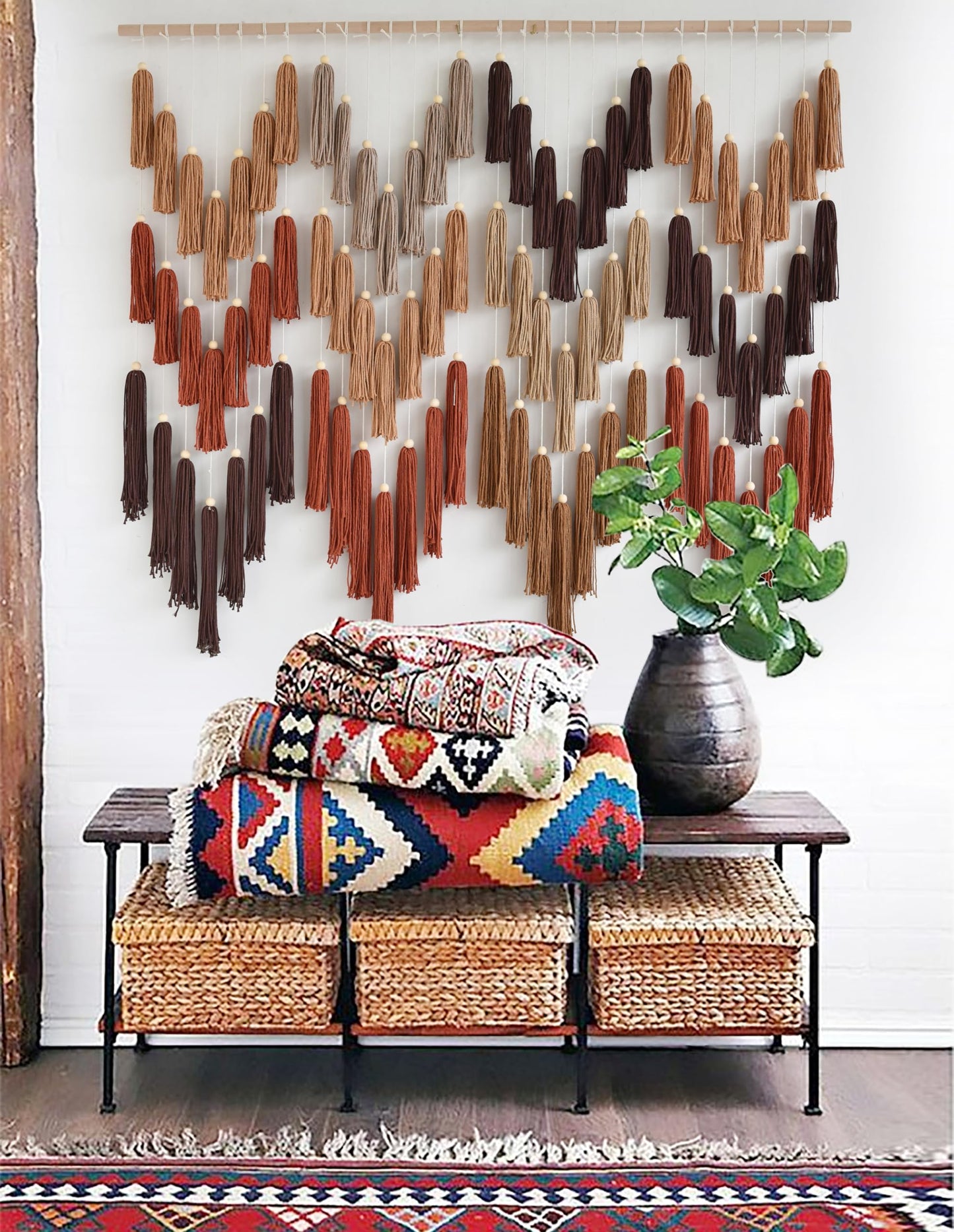 IOWER Macrame Wall Hanging Yarn Boho Wall Decor Wave Tassel Home Wall Aesthetic Living Rooms Bedrooms Offices Geometric Art Chic Home Decor 47" W x 39" L