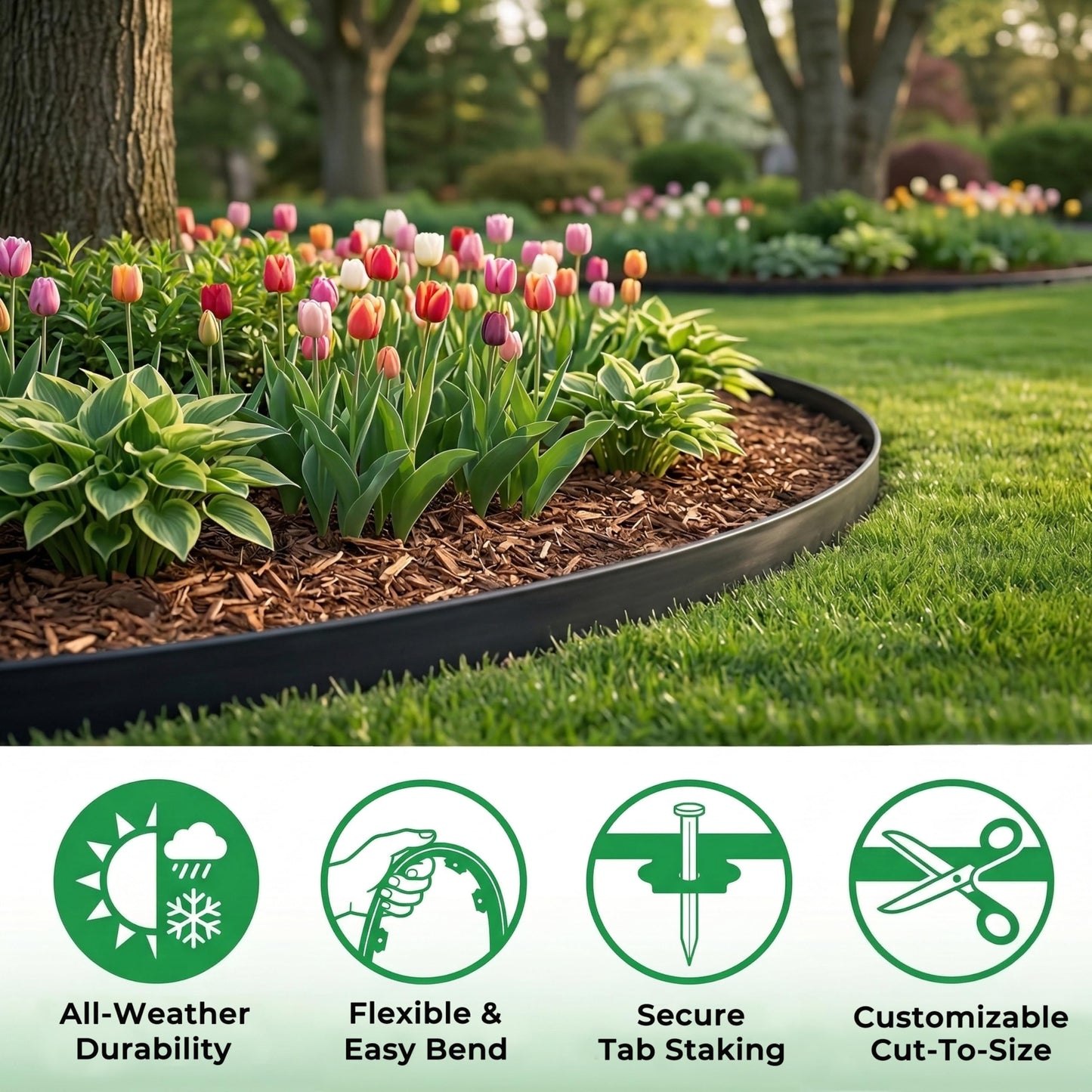 Gardzen 1.5" x 100' Landscape Edging Kit, Garden Edging Coil Comes with 120 Pcs Spikes, No Dig Lawn Border