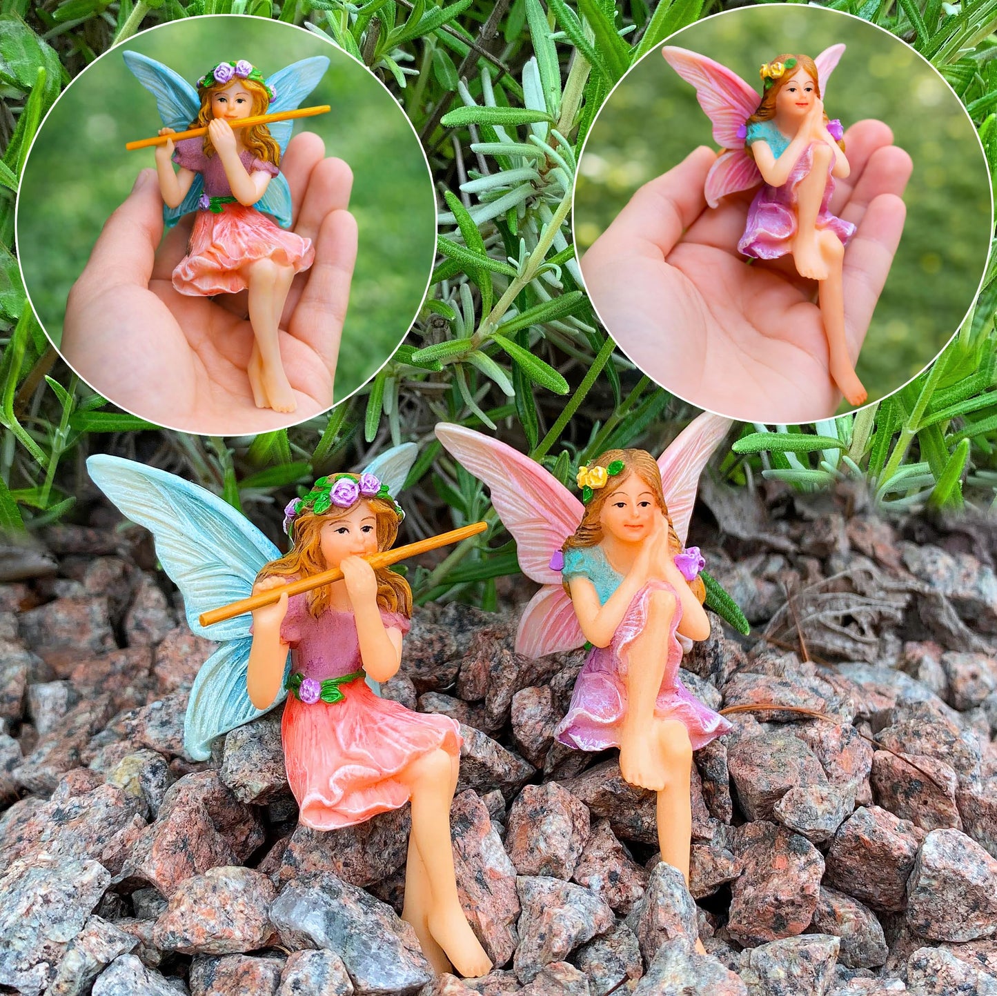 Mood Lab Fairy Garden Figurines - Sitting Fairies Set (2 pcs) - Miniature Decorative Statues - Outdoor Indoor Garden Decor