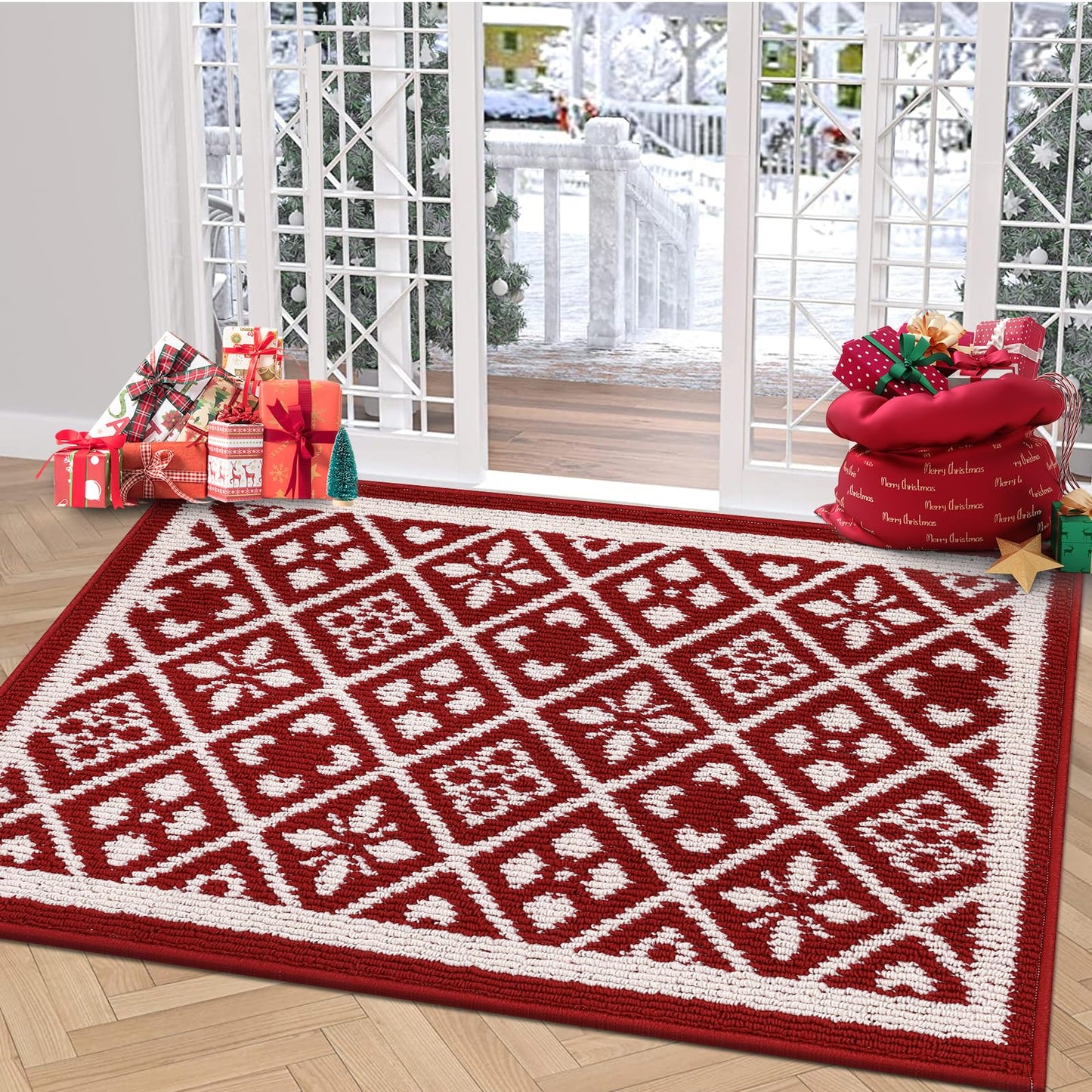 Ileading Christmas Entrance Door Mat, Absorbent Dog Mats for Muddy Paws, Low-Profile Small Red Xmas Decor Kitchen Runner Rug with Non-Slip Backing, Machine Washable Entryway Welcome Mat(Red 24"X36")