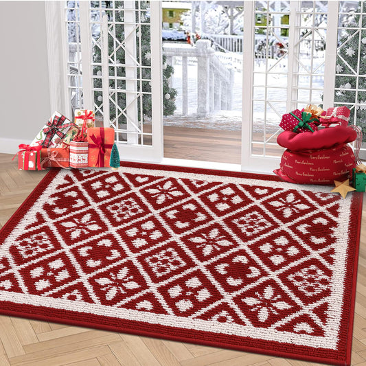 Ileading Christmas Entrance Door Mat, Absorbent Dog Mats for Muddy Paws, Low-Profile Small Red Xmas Decor Kitchen Runner Rug with Non-Slip Backing, Machine Washable Entryway Welcome Mat(Red 24"X36")