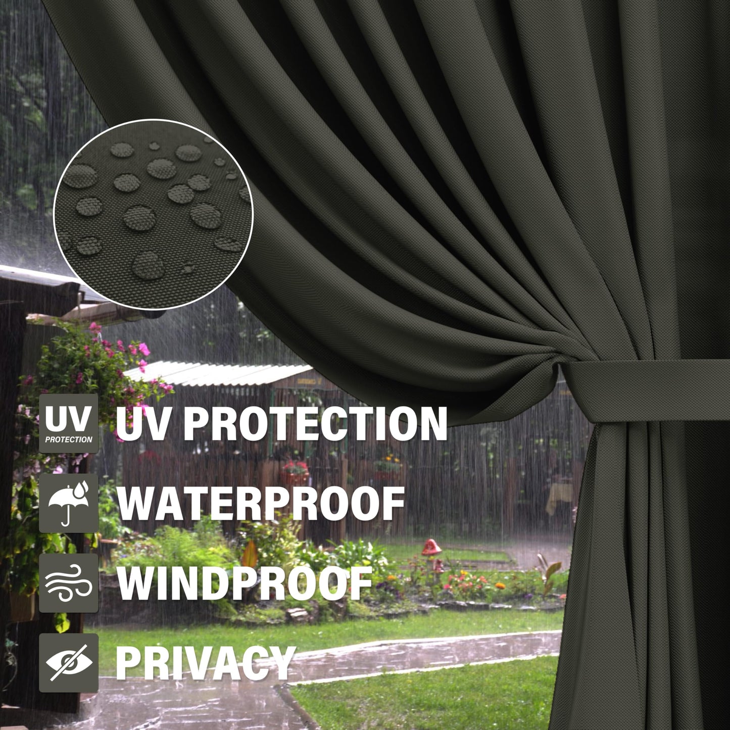 Pakunoda Outdoor Gazebo Curtain Replacement Universal 4-Panel Sidewalls 12' X 16',Outdoor Patio Waterproof Privacy Curtain with Double Zipper for Patio,Garden, and Backyard (Curtain Only)