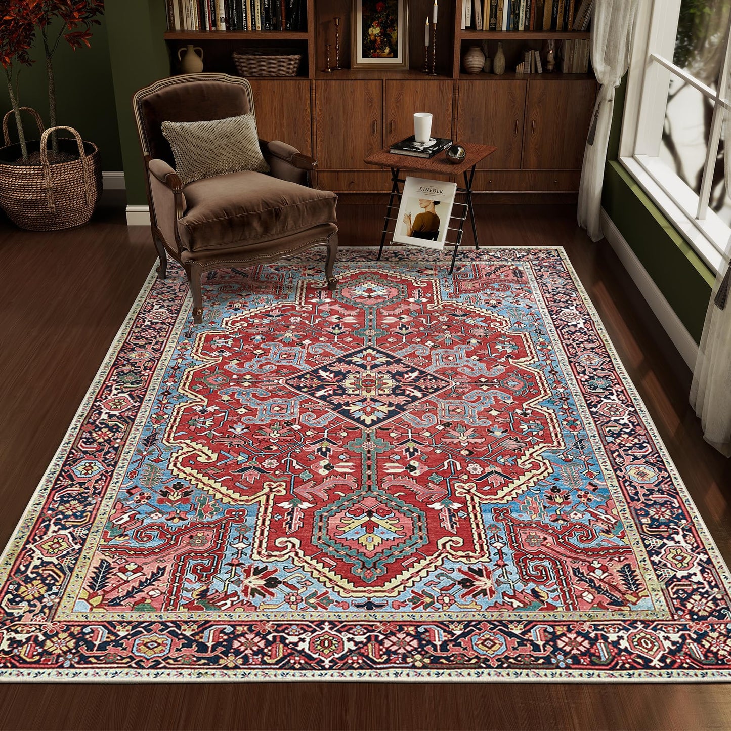 jxgzyy Soft Area Rug for Bedroom, 0.31'' Thick Red Persian Style Rug for High Traffic Area, Foyer Rugs for Entryway 5×7, Beautiful Lounge Rug with Cotton Backing, Low Pile Faux Wool Carpet for Study