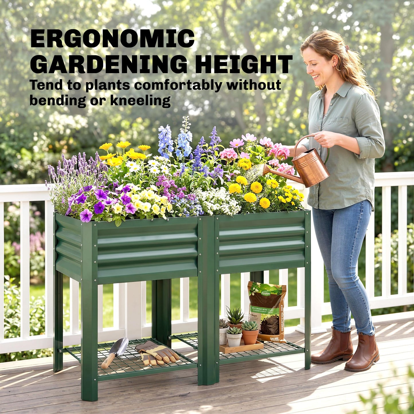 Outsunny Galvanized Steel Raised Garden Bed with Storage Shelf and Bed Liner, Elevated Planter Box with Legs for Flowers, Vegetables, and Herbs, for Outdoor Patio Yard, Glove Included, Green