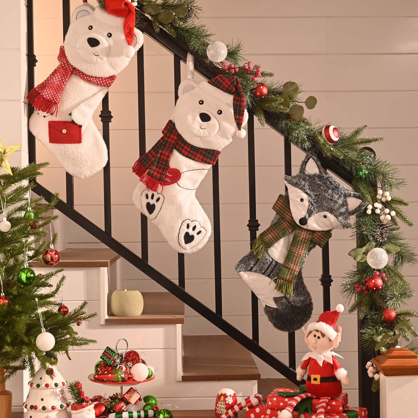 Valery Madelyn Christmas Stockings Decorations, 21 Inch Fabric Fox Silver Exquisite Plush Personalized Fireplace Pet Hanging Ornament for Holiday Xmas Party Decor