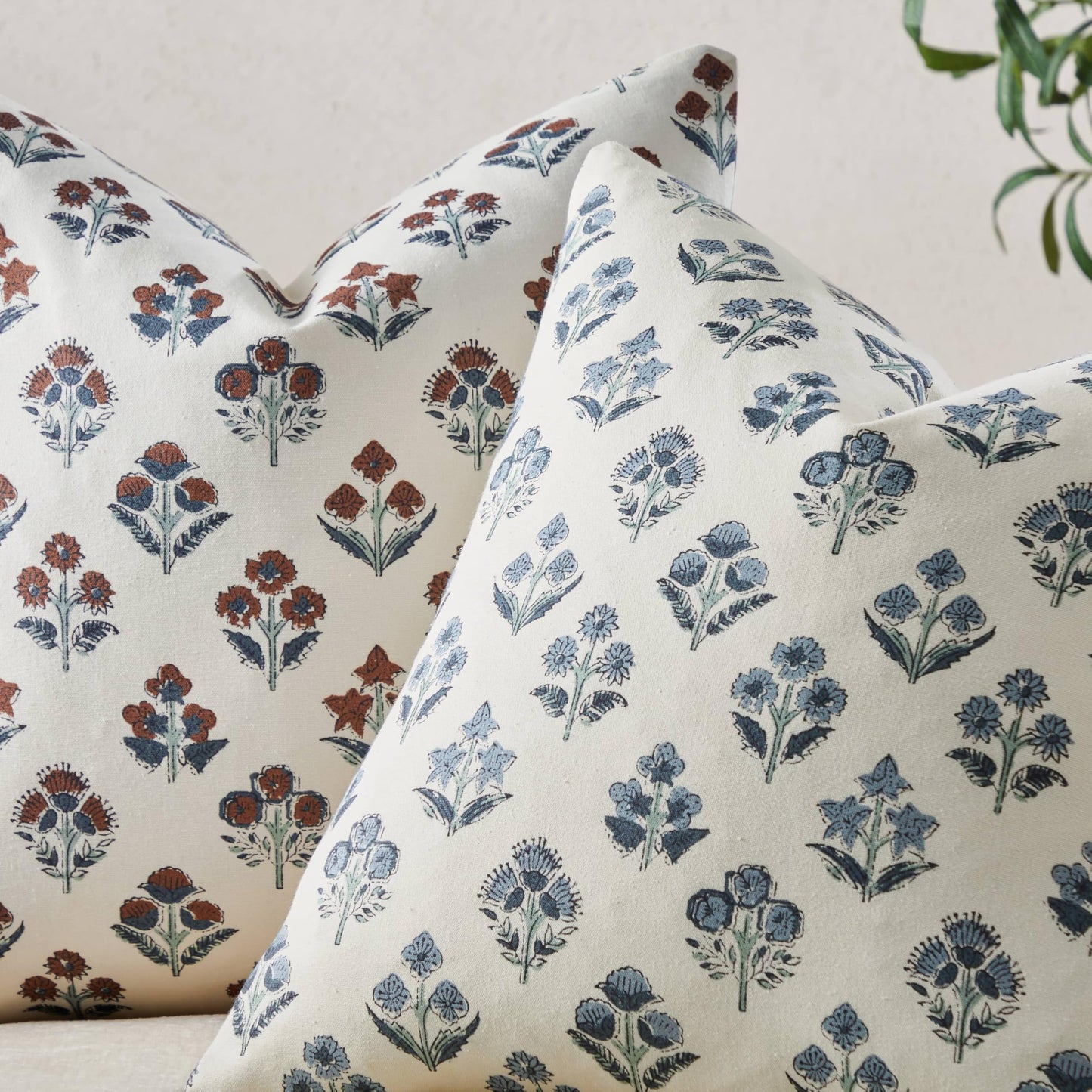 YZJZEDS 100% Cotton Floral Pillow Covers Set of 2, Double Sided Block Print Boho Decorative Throw Pillow Cases, Farmhouse Style Cushion Covers for Home Decor, 18x18 Inches Dusty Blue