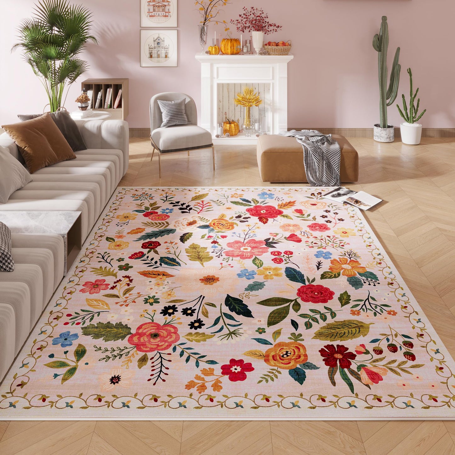 Rugcomf Area Rugs 9x12 Living Room Clearance Washable Boho Rug Non Slip Floral Vintage Low Pile Large Rug for Living Room, Bedroom, Farmhouse, Dining Room, Kids Playroom(Beige)