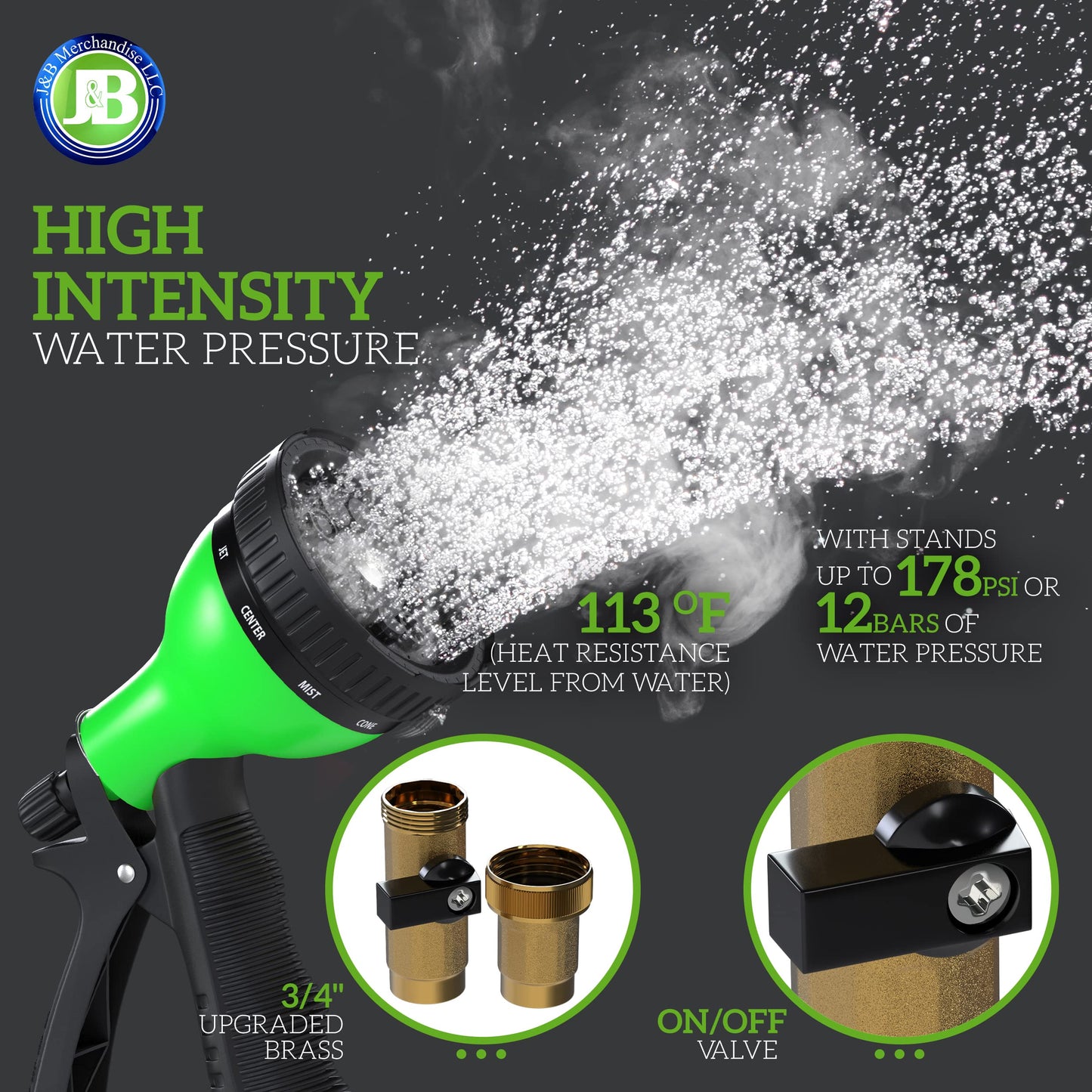 J&B XpandaHose 50ft Expandable Garden Hose – Ultra-Strong 3750D, 4-Layer Latex Core, Brass 3/4" Connectors, 10-Pattern Nozzle & Storage Bag – Lightweight, Kink-Reducing, Leak-Resistant