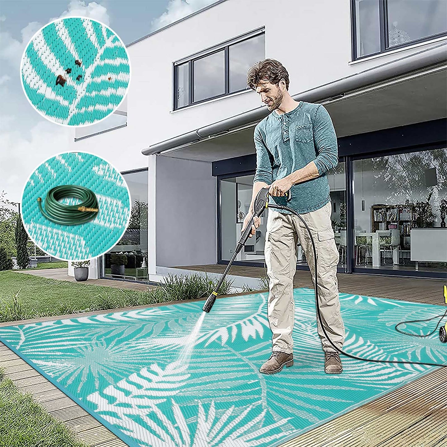 HiiARug Outdoor Rug for Patios Clearance, 6x9 Waterproof RV Rugs for Outside, Reversible Plastic Straw Mat Large Quick Drying Outdoor Rugs for Deck Trailers Campers Porch Beach Backyard,Teal & White