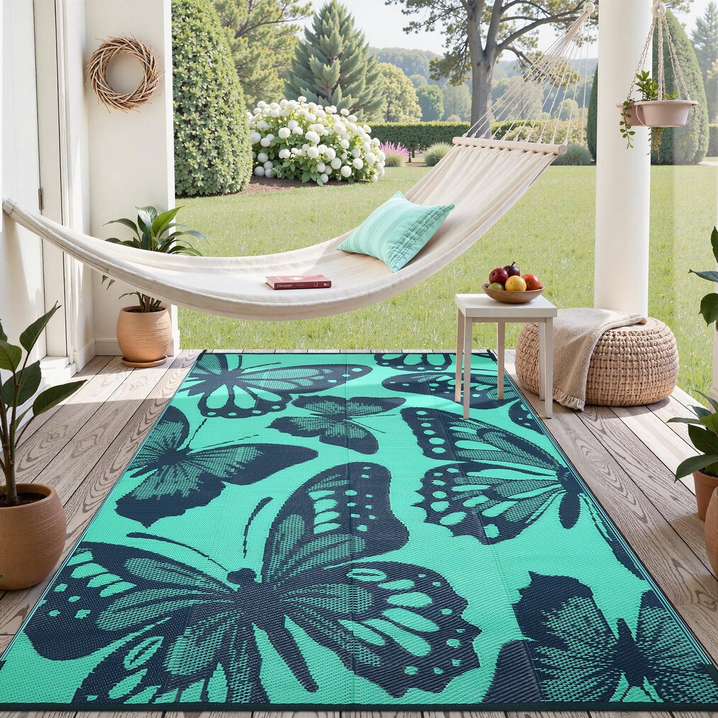 Uphome Outdoor Rug Waterproof 6x9 ft, Patio Plastic Straw Rugs for RV Camping, Reversible Butterfly Mat Outside, Indoor Outdoor Floor Carpet for Back Yard Deck Balcony Porch Beach Picnic, Teal